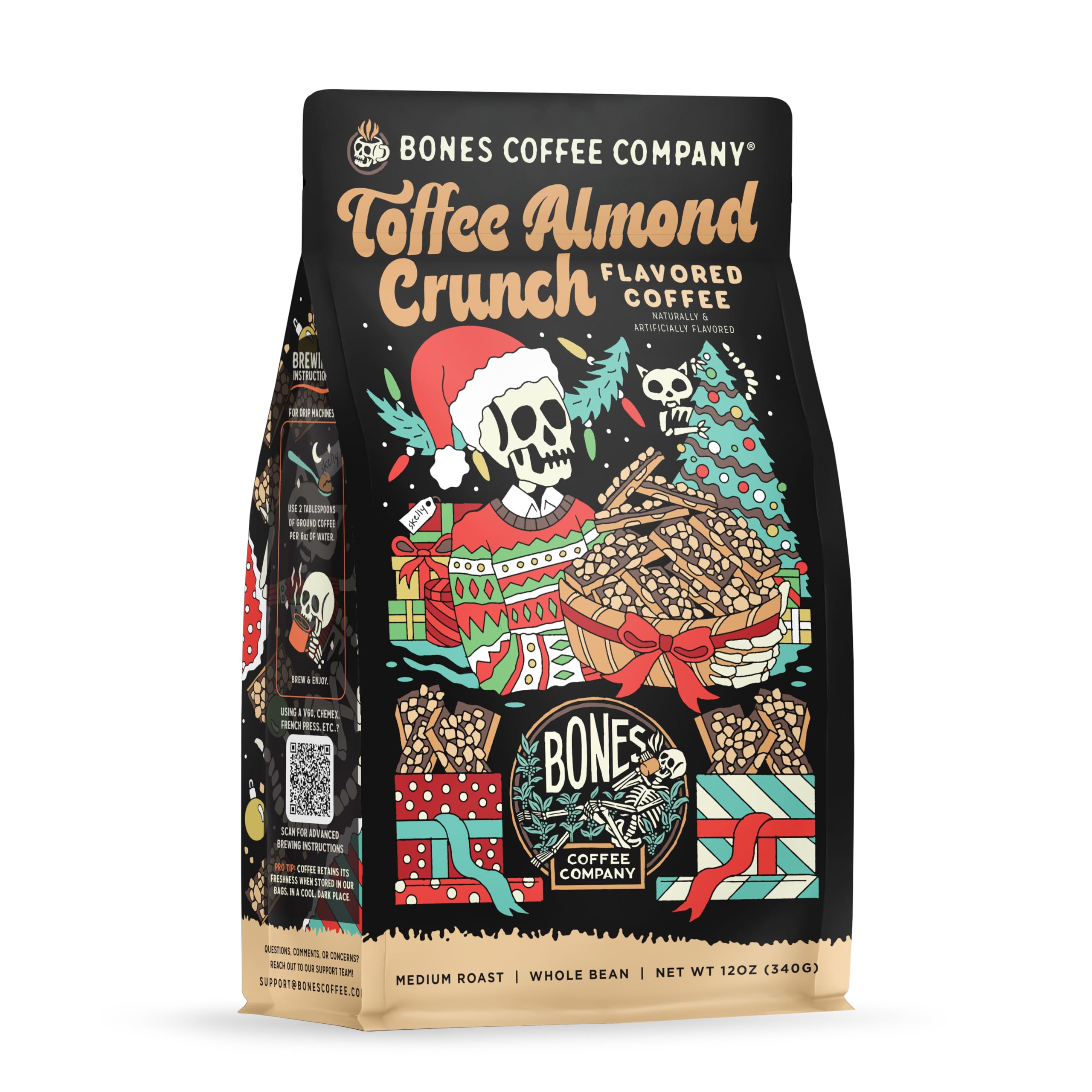 Bones Coffee Company Toffee Almond Crunch, Toffee Almond Flavored Coffee, Medium Roast Low Acid Arabica Beans Compatible with Auto drip and French