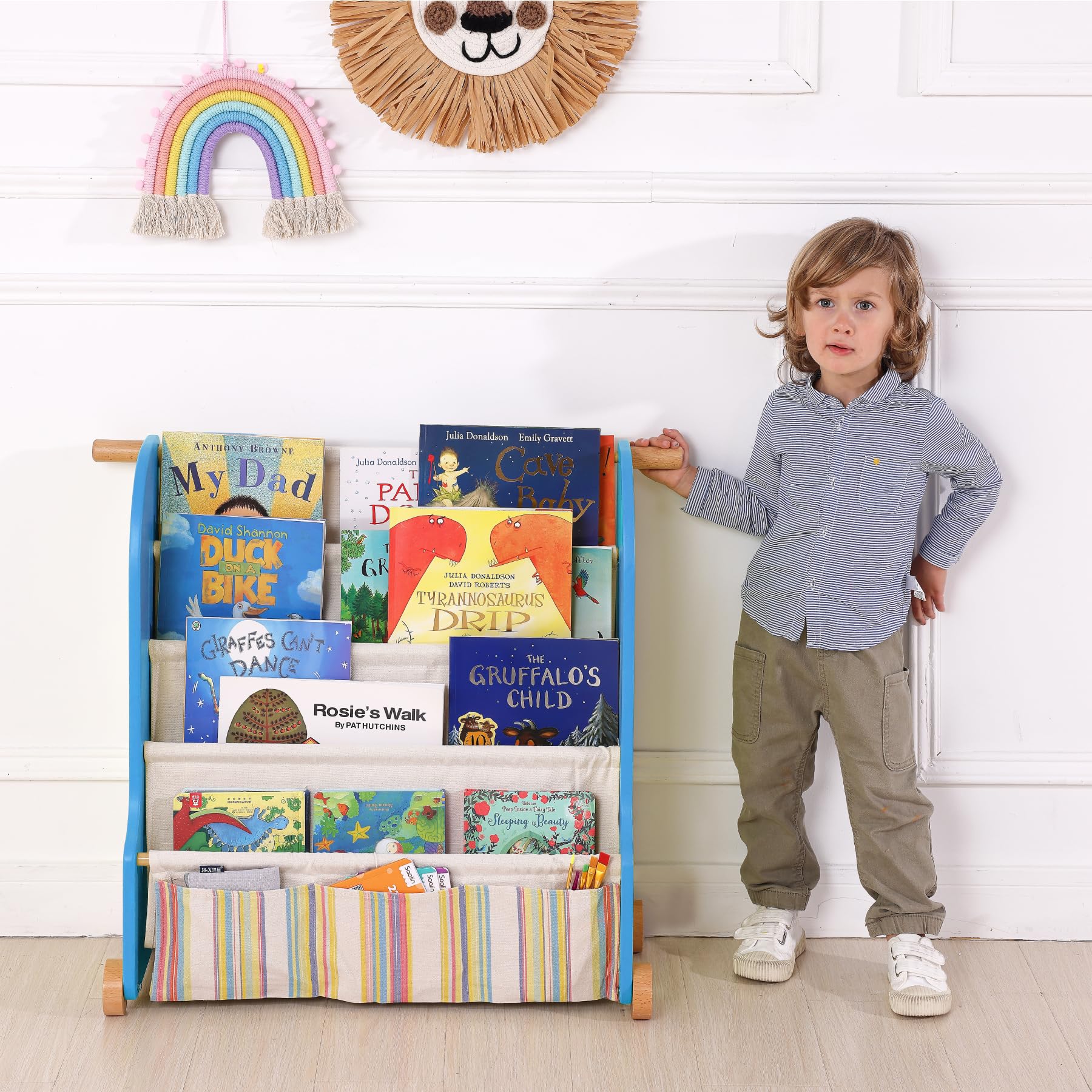 Bolocon Kids Car-Shaped 5-Tier Sling Book Rack Features Two Top Handles for Toddler Boys and Girls Gift,Storage Bookcase Bookshelf Organizer with Deep Canvas Sleeves (Speeding Blue)