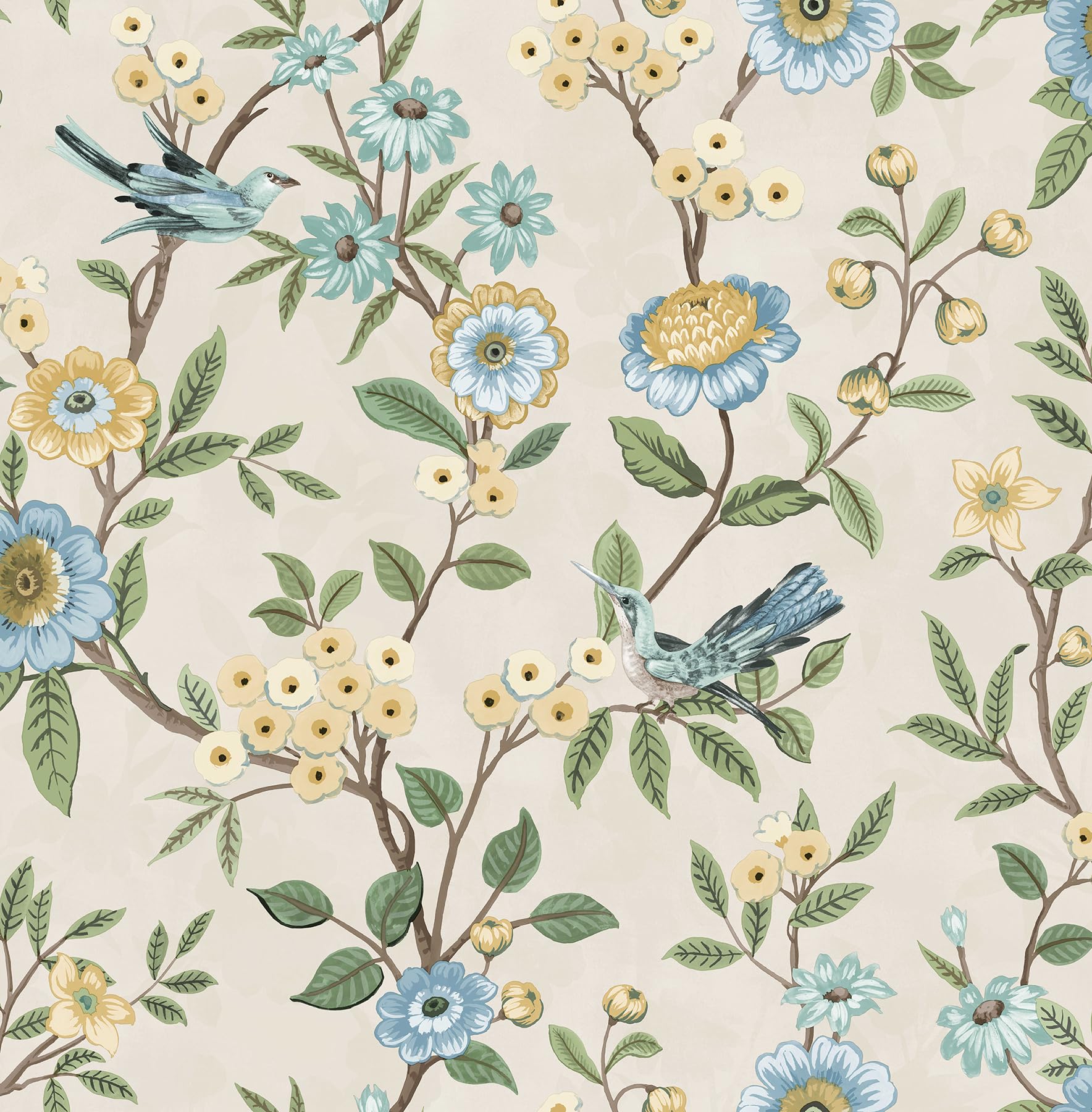 Fine Decor Eleanor Floral Birds Natural Wallpaper FD43448
