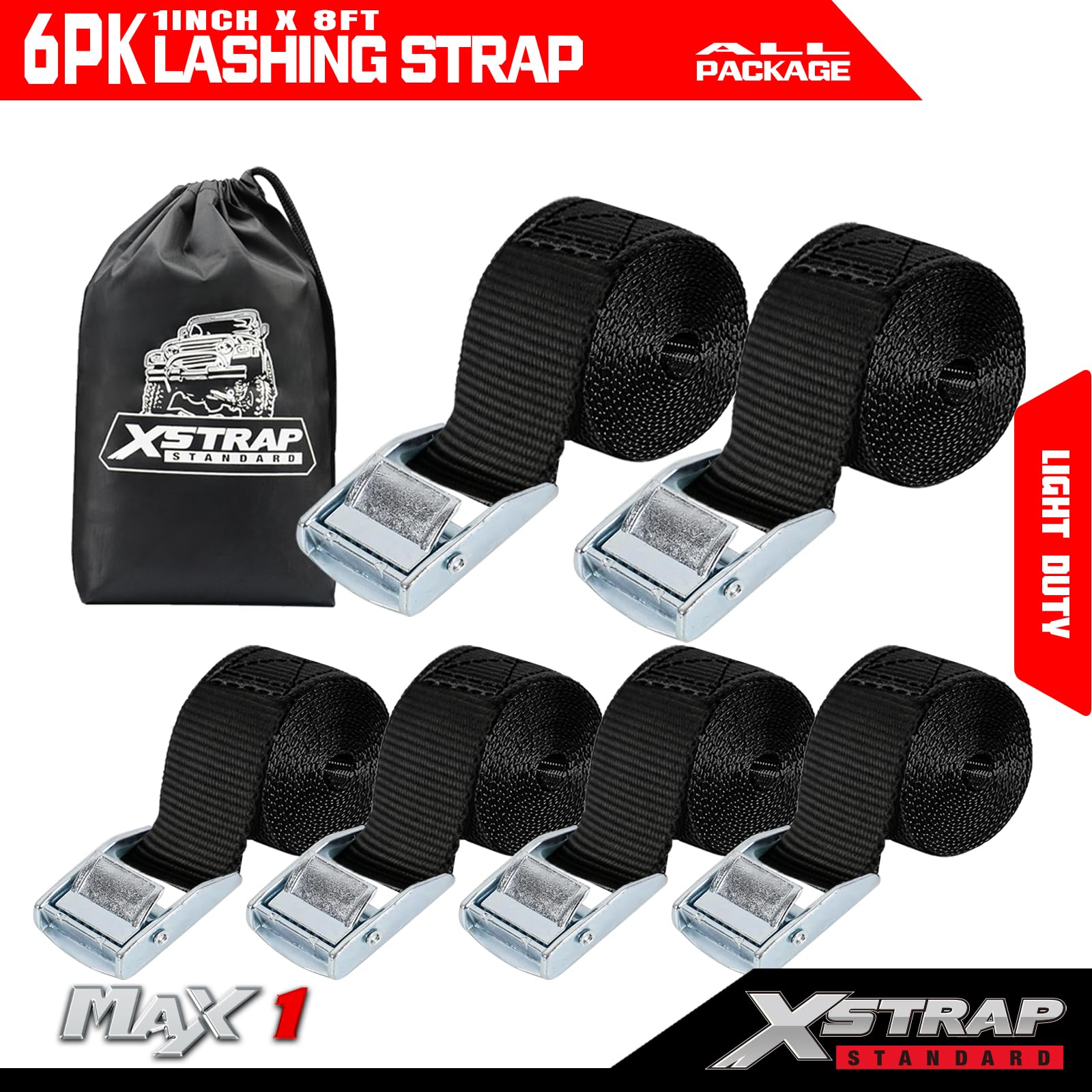 XSTRAP paski z klamrą krzywkową, 200 cm, czarne paski mocujące z torbą do przenoszenia, do zabezpieczania ładunku, bagażu, motocykla, kajaka