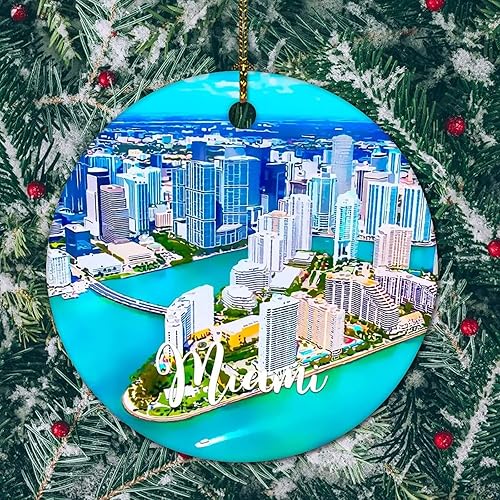Miniatura 4 de America Miami Cityscape - Adorno de Navidad de cerámica con dos caras impreso, 3 pulgadas, divertido círculo de cerámica de Navidad para Año Nuevo,