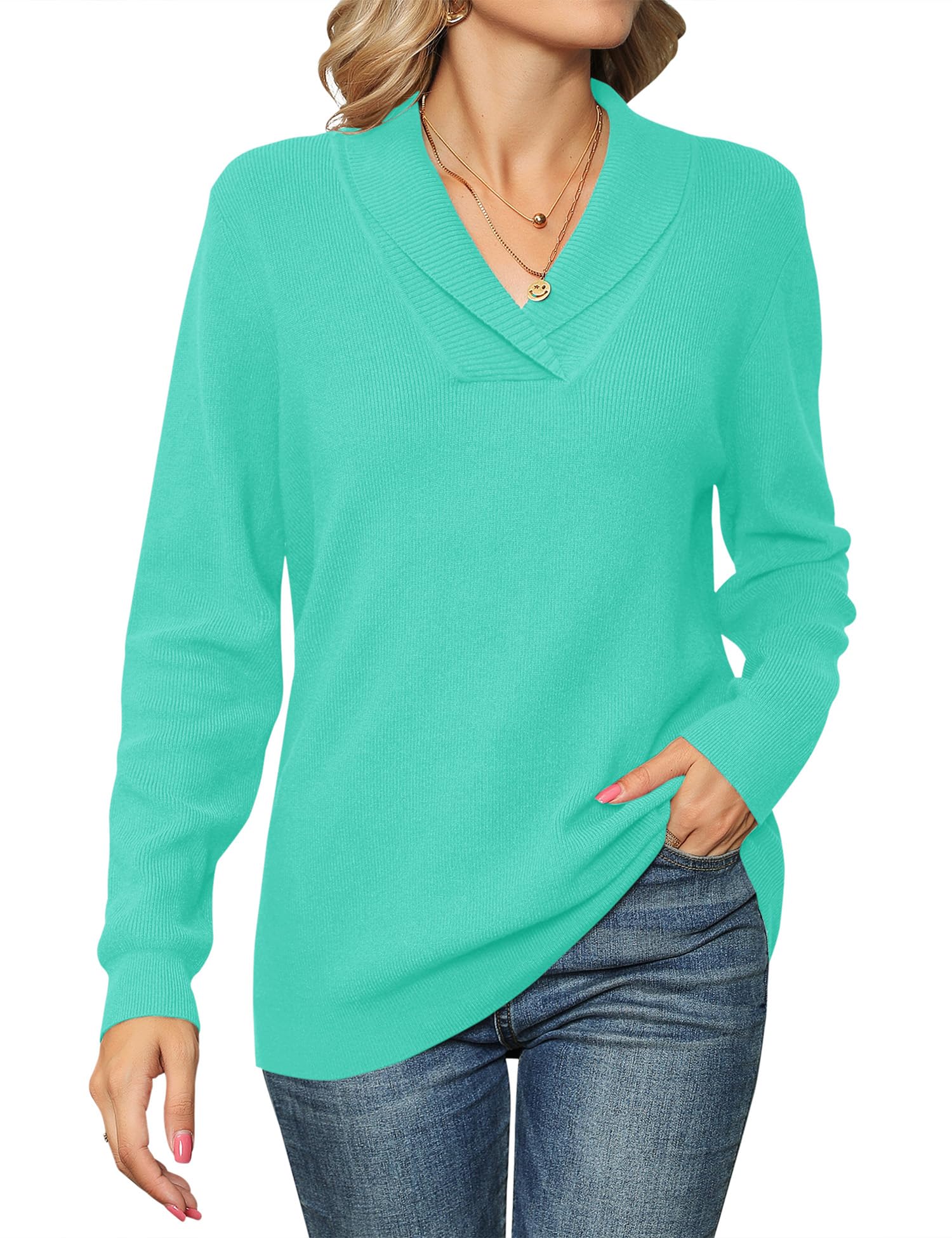 Ivicoer Women Long Sleeve V Neck Pullover Collar Knitted Sweaters