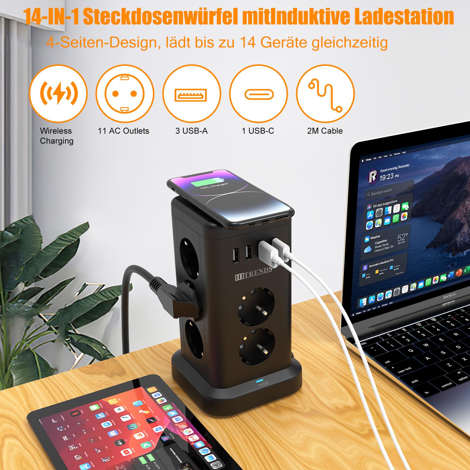 Listwa zasilająca, listwa zasilająca USB, wtyczka Schuko, czarna
