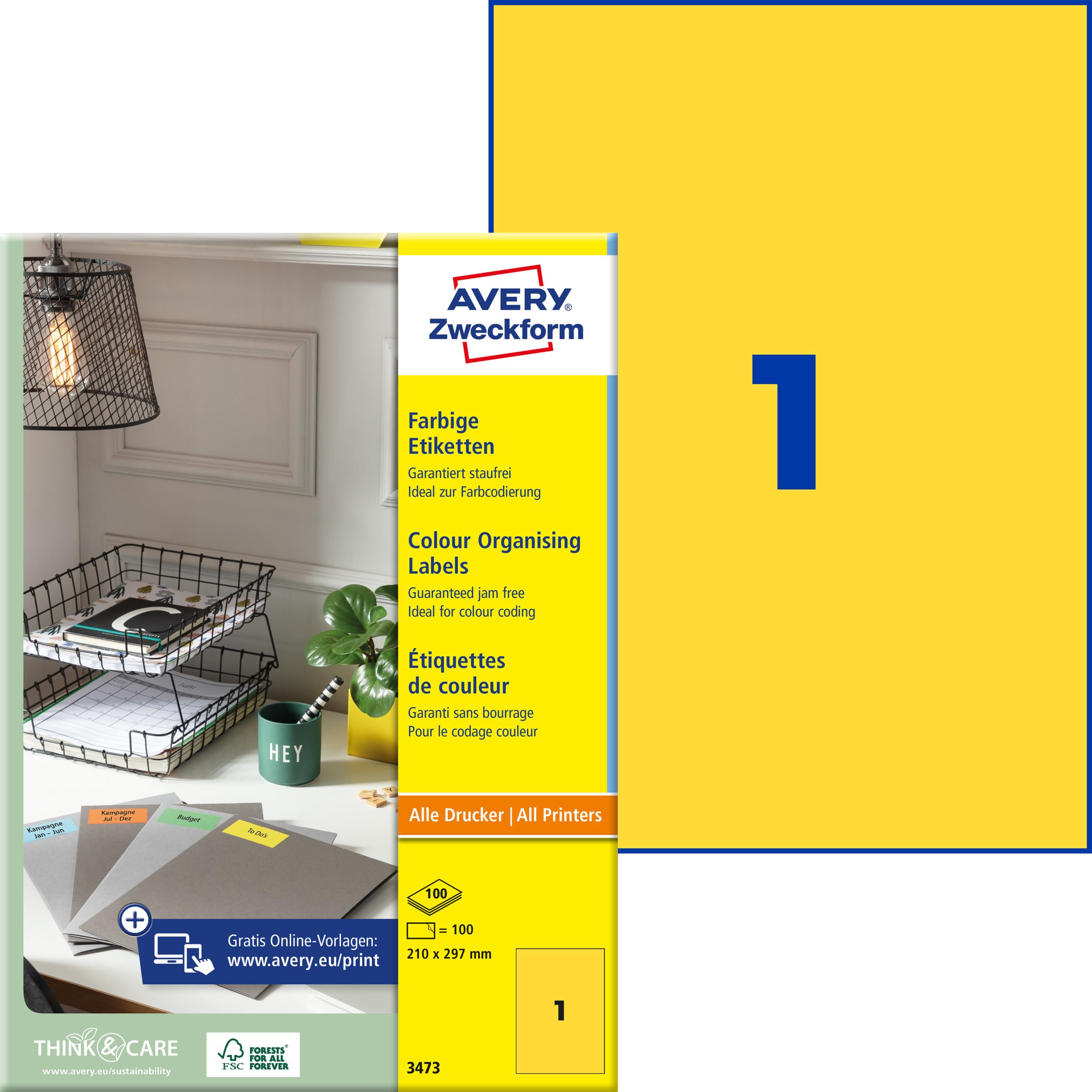 AVERY Zweckform 3473 Gelbe Etiketten (100 Aufkleber, 210x297mm auf A4, permanent haftend, selbstklebende Farbetiketten, Papier matt, bedruckbare, farbige Klebeetiketten) 100 Blatt