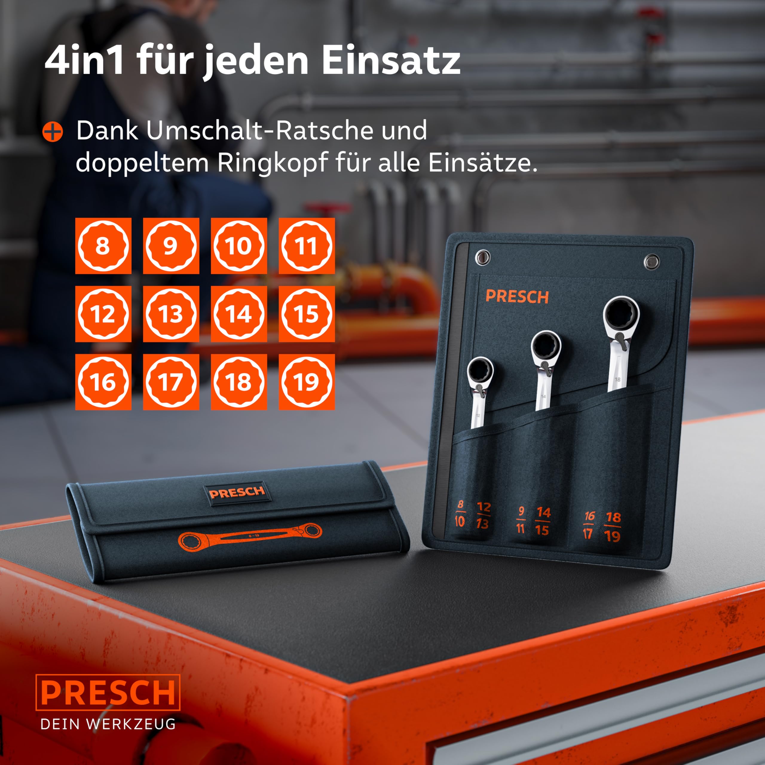 PRESCH 4 in 1 Ratschenschlüssel Set 3tlg. (8-19mm) inkl. Tasche - Umschaltbare Ratschenfunktion - Ringratschenschlüssel mit 90 Zähnen & 4° Rückholwinkel - Robuste Ratschenringschlüssel