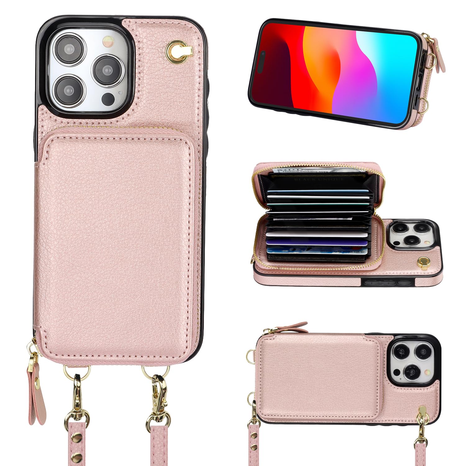 Bocasal Crossbody Wallet Case for iPhone 15 Pro Max, RFID Blocking Leather Purse Case with Card Holder, Protective Handbag Flip Cover with Zipper Wrist Strap Lanyard for Women 5G 6.7 Inch (Rose Gold)