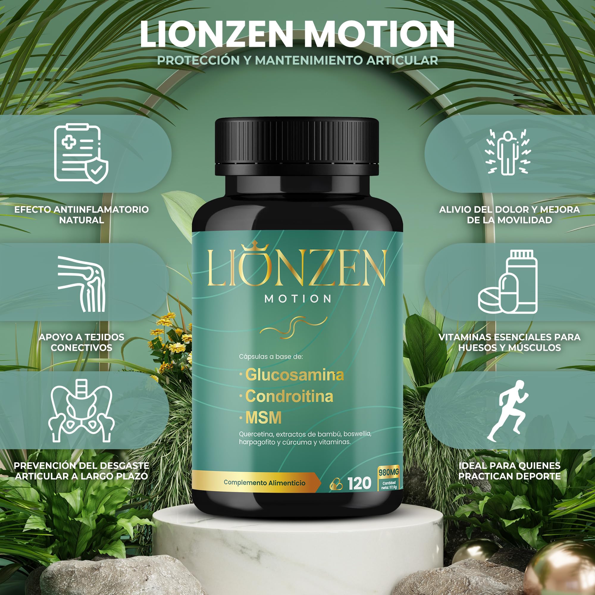 Glucosamina Condroitina y MSM +16 ingredientes articulaciones y huesos | Colágeno, Ácido Hialurónico, Cúrcuma y Vitaminas | Condroprotector Natural Cartílago y Dolor Articular | LIONZEN MOTION