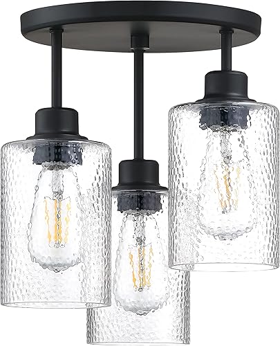 Lámpara de techo colgante de vidrio de grano de agua industrial de 3 luces, montaje semiempotrado, acabado negro mate, dormitorio, pasillo, comedor,