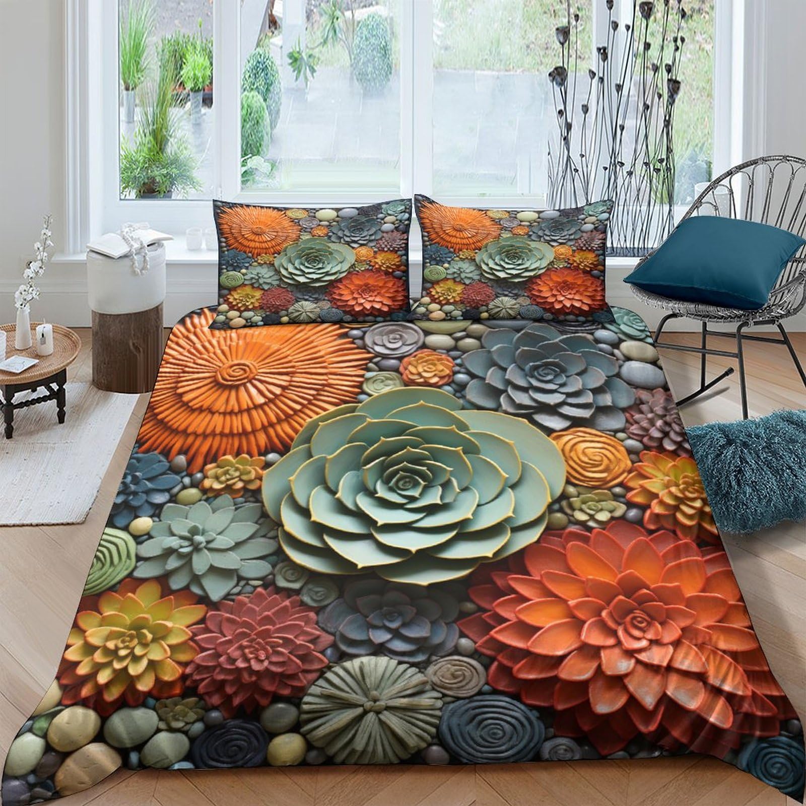 Housse de couette succulentes 3D 200x200 microfibre avec taies d'oreiller