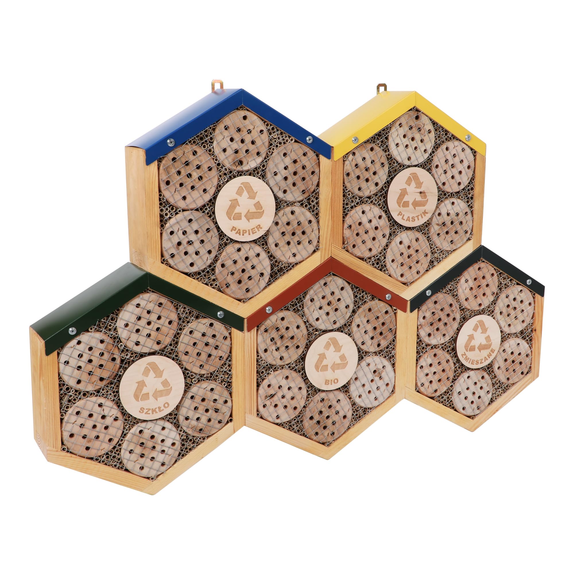 Mittelgroßes Insektenhotel Honigwabe MKW aus Holz mit Recycling-Motiv - Insektenhaus aus massivem Laub- und Nadelholz - Wetterfest - für Wildbienen & Marienkäfer - Schutz für viele nützliche Insekten