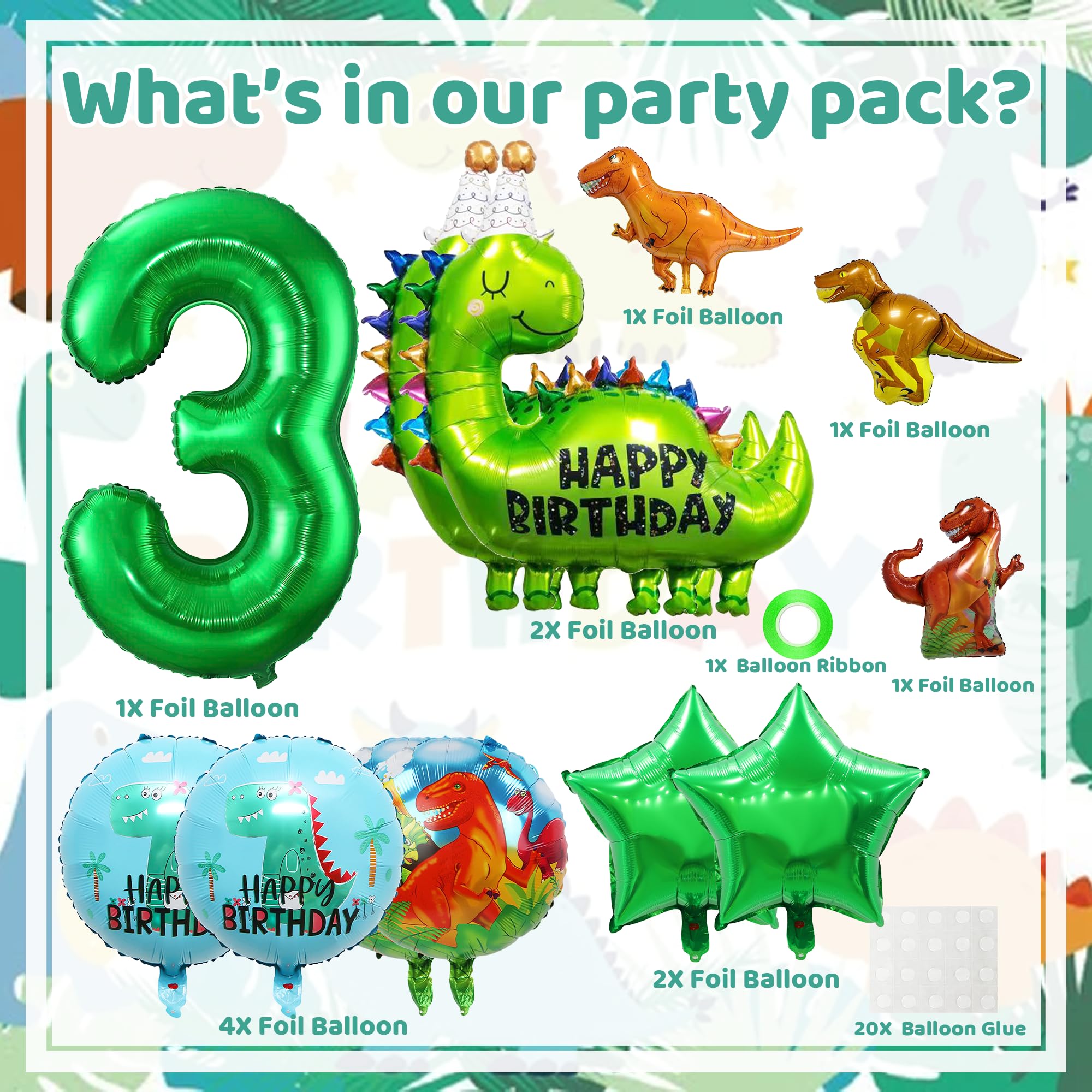 Dinosaurier Geburtstag Deko für Jungen - 17 teiliges Dschungel Partyballon-Set inkl. Pentagramm, Dinosaurier Folienballon, Geburtstagsparty Artikel für