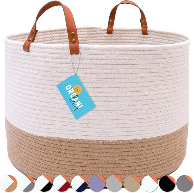 OrganiHaus Extra Large Cotton Rope Basket with Real Leather Handles | Woven Basket | Baby Woven Laundry & Blanket Basket | Large Toy Storage Basket for Kids & Rope Storage Basket Woven 50x33cm - White
