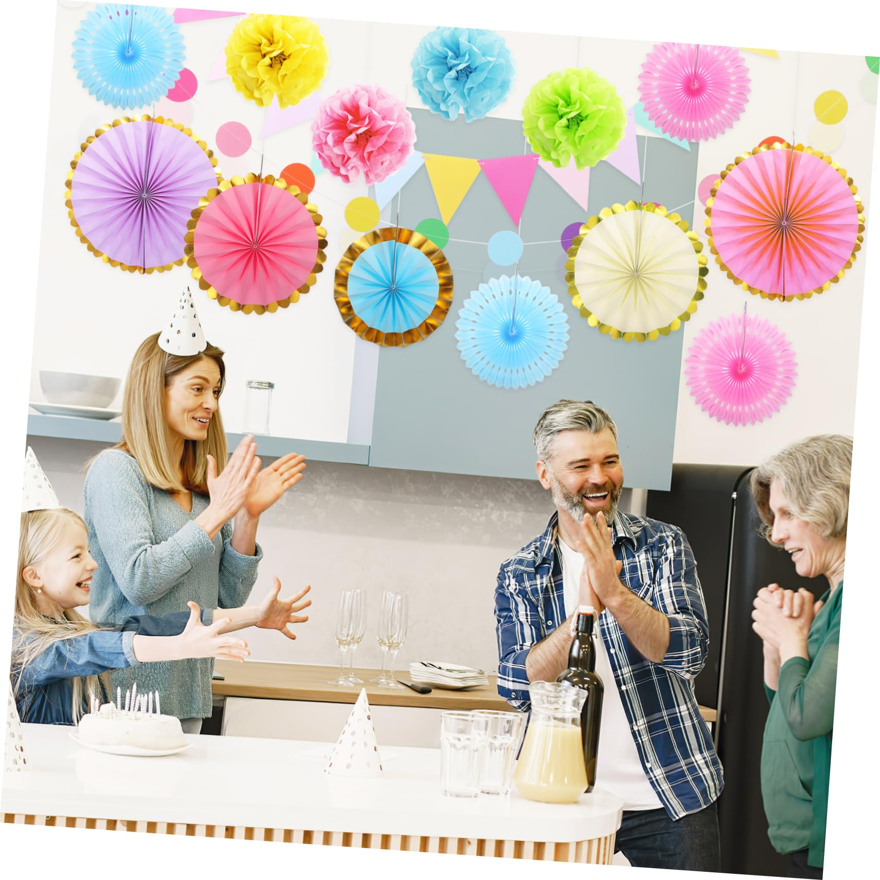 Pastellfarbene Partydekoration aus Papier Pompons Papierfächer und Banner Leicht Handlich für Feiern und Klassenzimmer