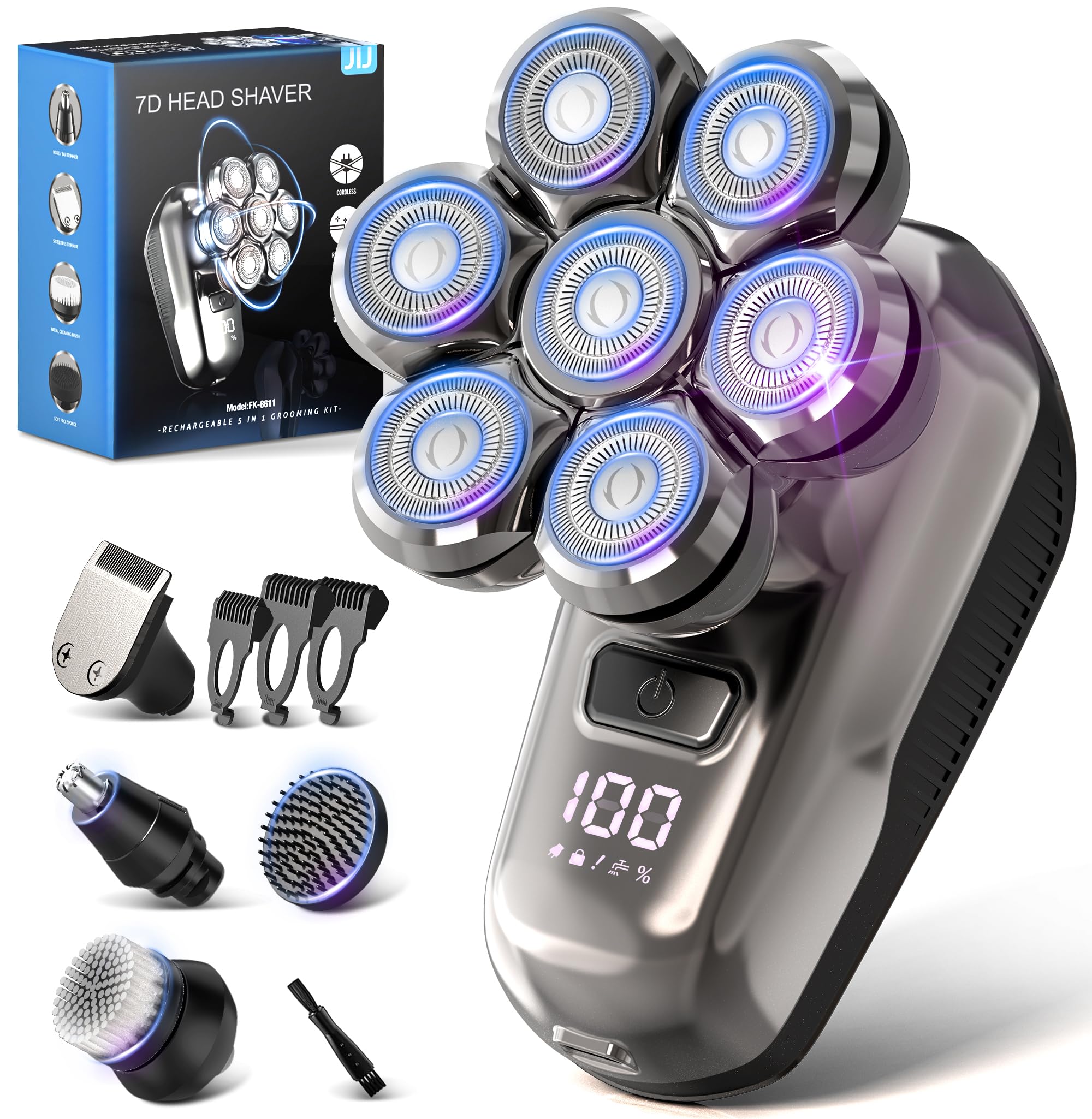 JIJ Head Shavers for Bald Men - 5-in-1 Electric Head Shaver Grooming Kit 7D Floating Wet Dry Electric