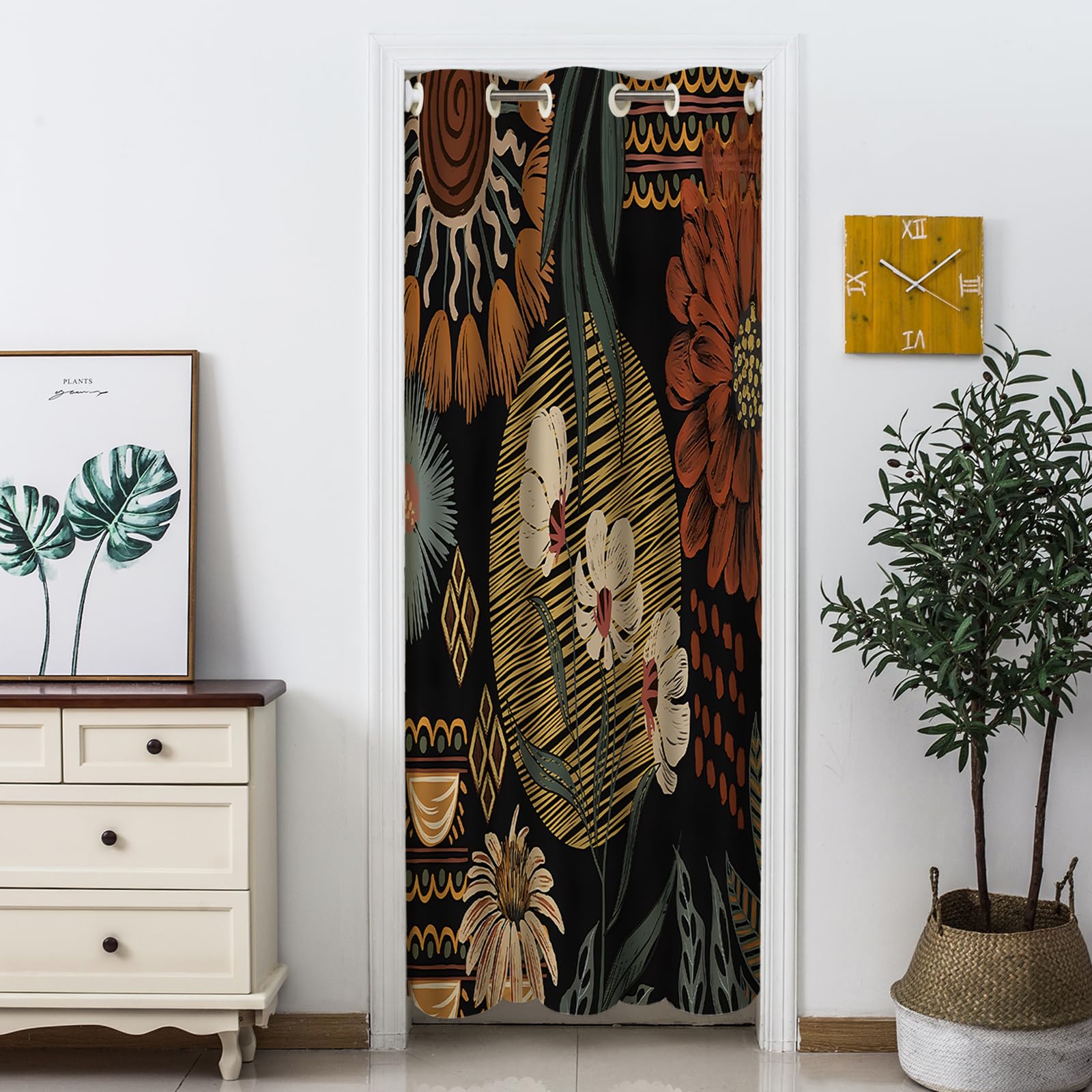 Boho Floral Door Curtain for Doorways,Blackout Curtains for Closet,Bedroom Kitchen Privacy Doorway Curtains,Door Dividers,Hallway Curtain with Morden Abstract Bohemian Flowers 33" Wx79"L(1 Panel)