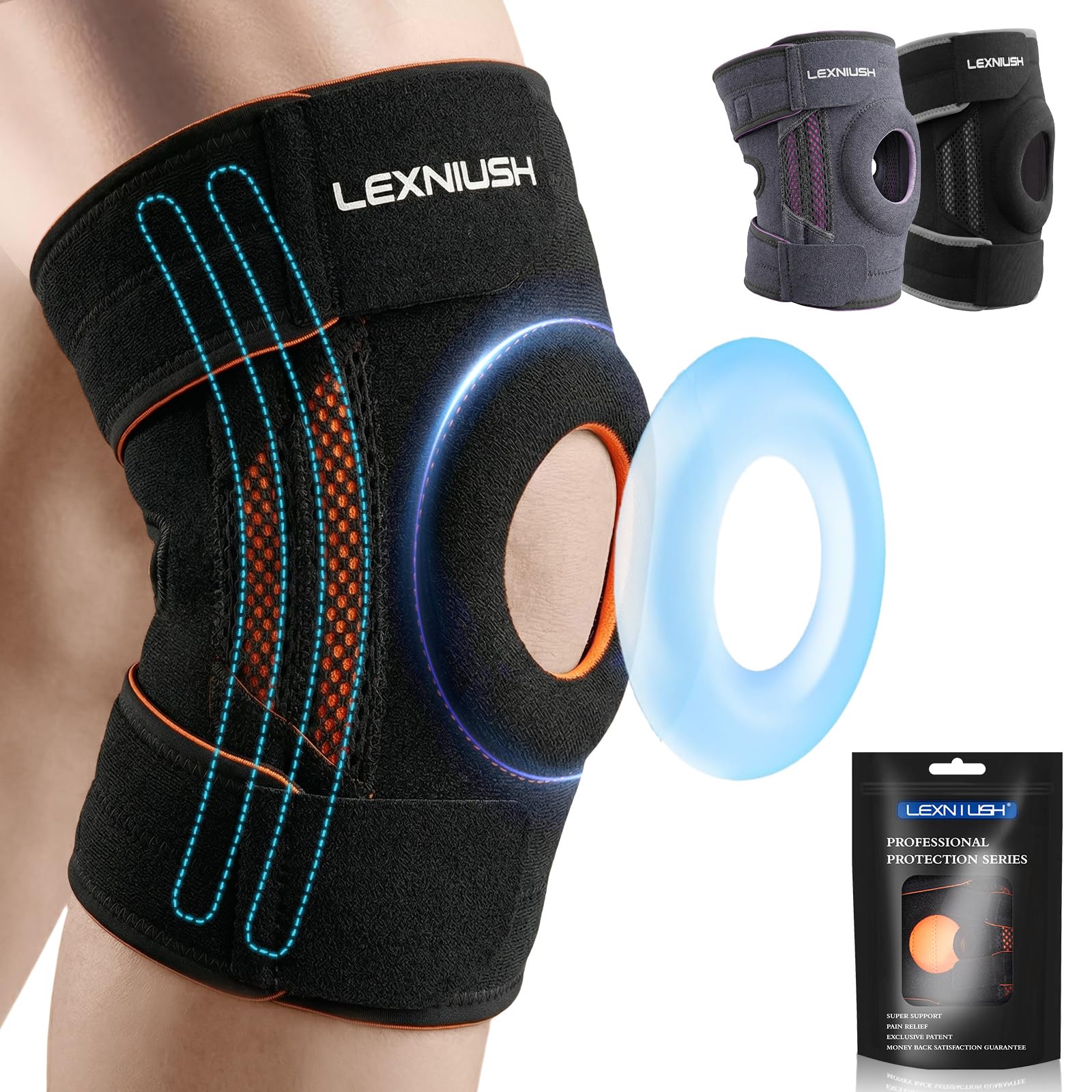 Lexniush - Rodillera deportiva ajustable, rodillera de artrosis, desgarros del menisco rodilla, rodillera ligamentada con estabilizadores laterales y almohadillas de goma, color negro