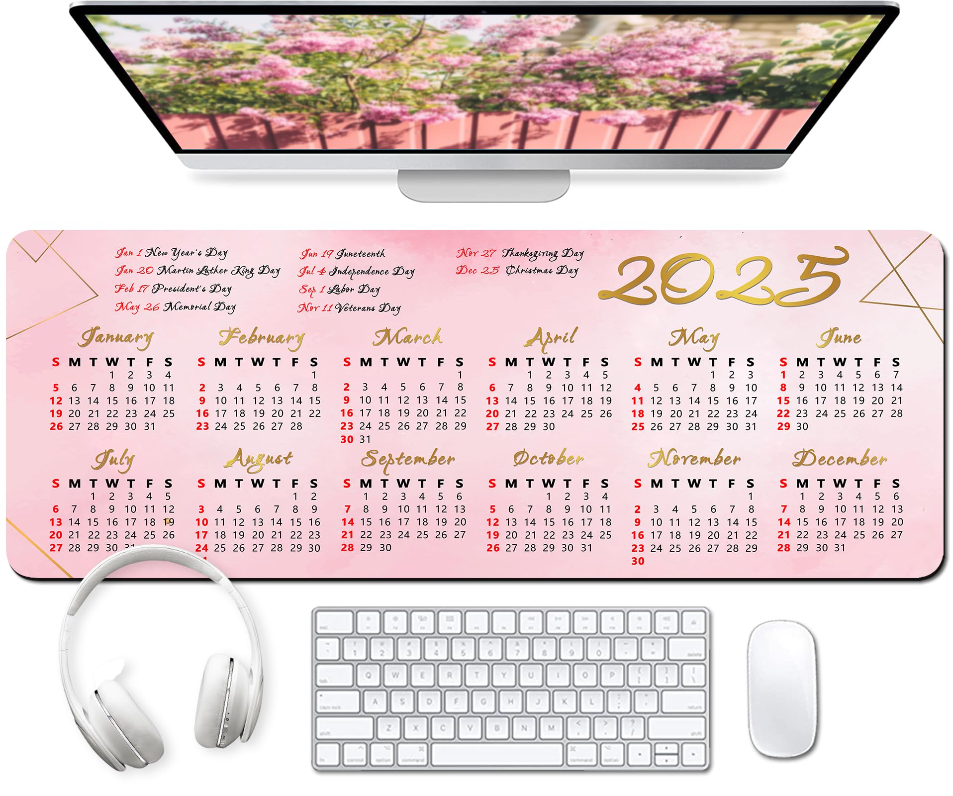 Amakoo - 2025 Calendar with Holiday Mouse Pad, Large Gaming Mousepad for Computer Laptop Non-Slip Rubber Desk Mat,for New Year Office (11.8 X 31.5