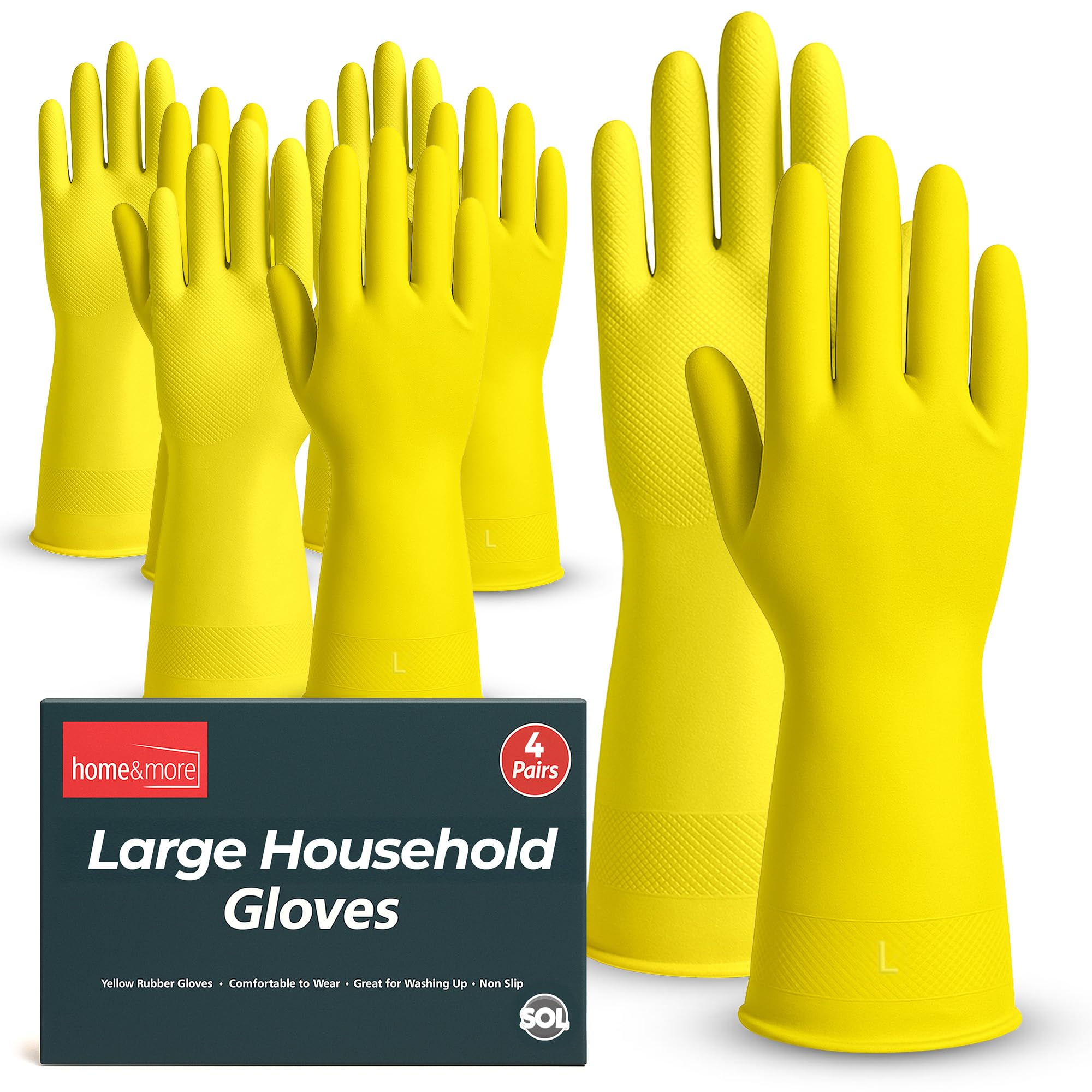 – 4 Pairs Large Household Gloves, Yellow Heavy Duty Rubber Gloves for Cleaning with Non-Slip Grip, Durable Waterproof Design for Kitchen, Bathroom & Dishwashing, Multipurpose & Comfortable To Use