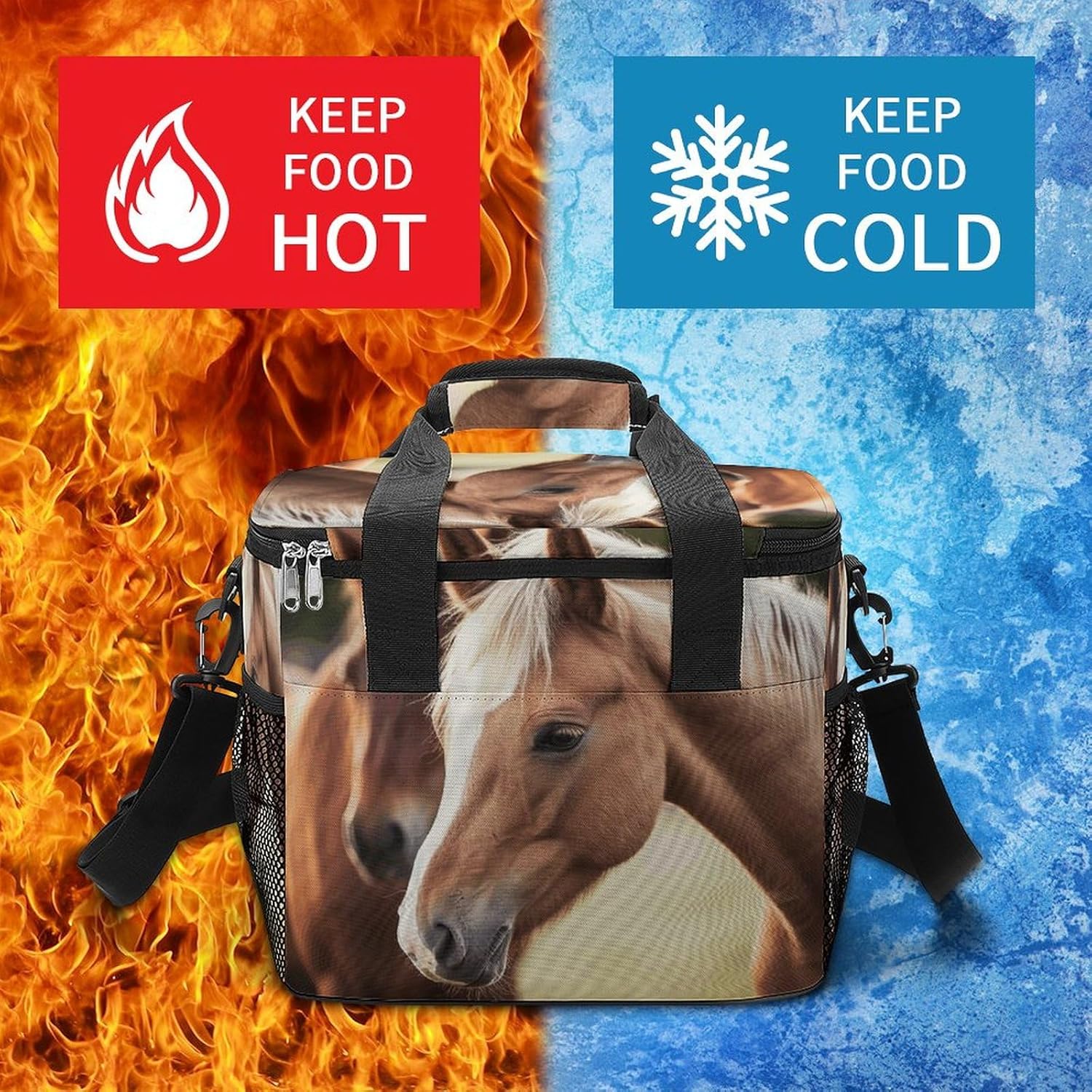 Camping Ice Pack, Adorable Horse Print Cooler Bag, 22.5L Large Capacity Insulated Lunch Tote Bag for Outdoor, Picnic, BBQ, Travel, Work