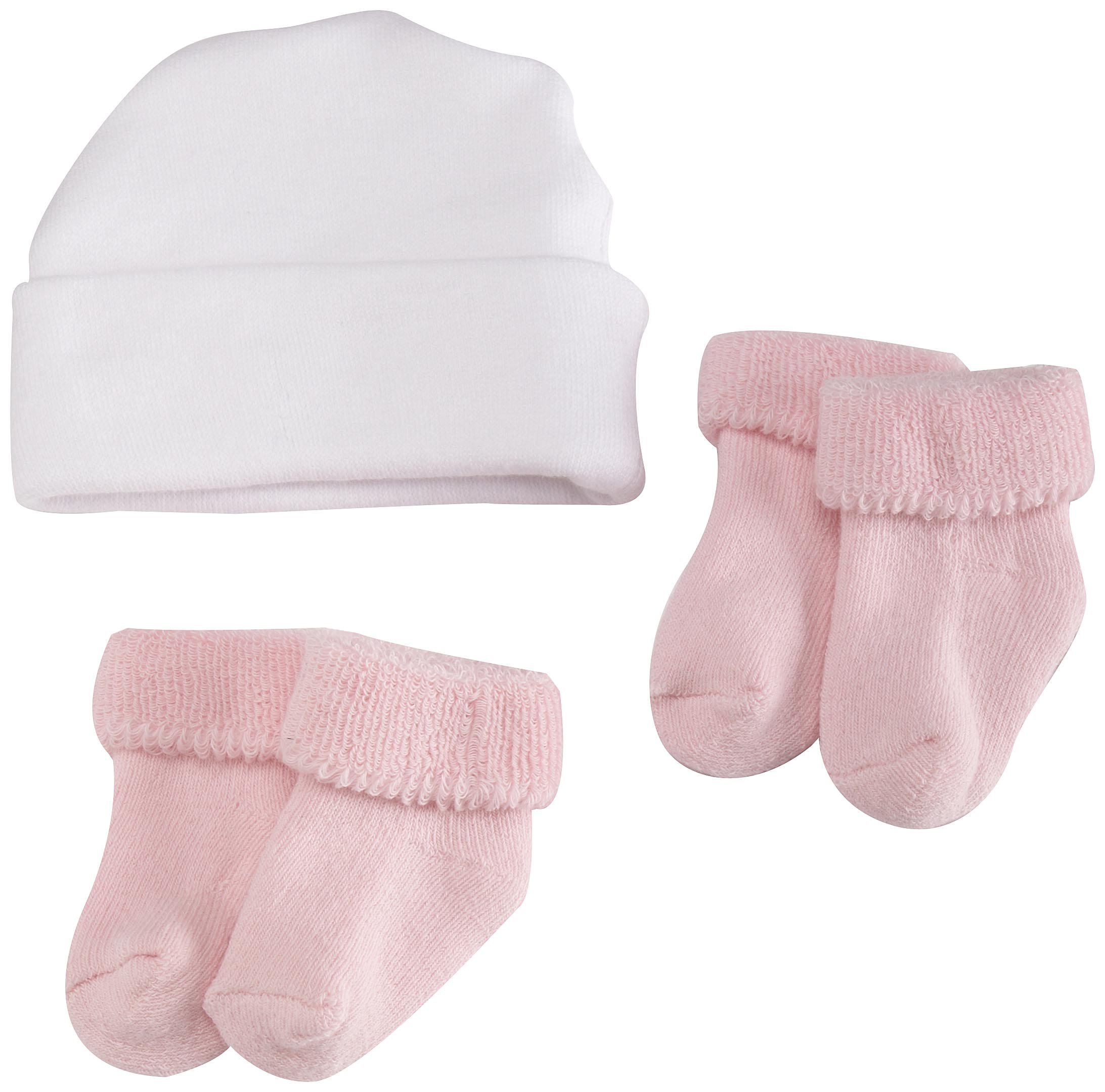 Jefferies Socks Infant Turncuff Terry Booties and Hat Sock, White/Pink, Newborn