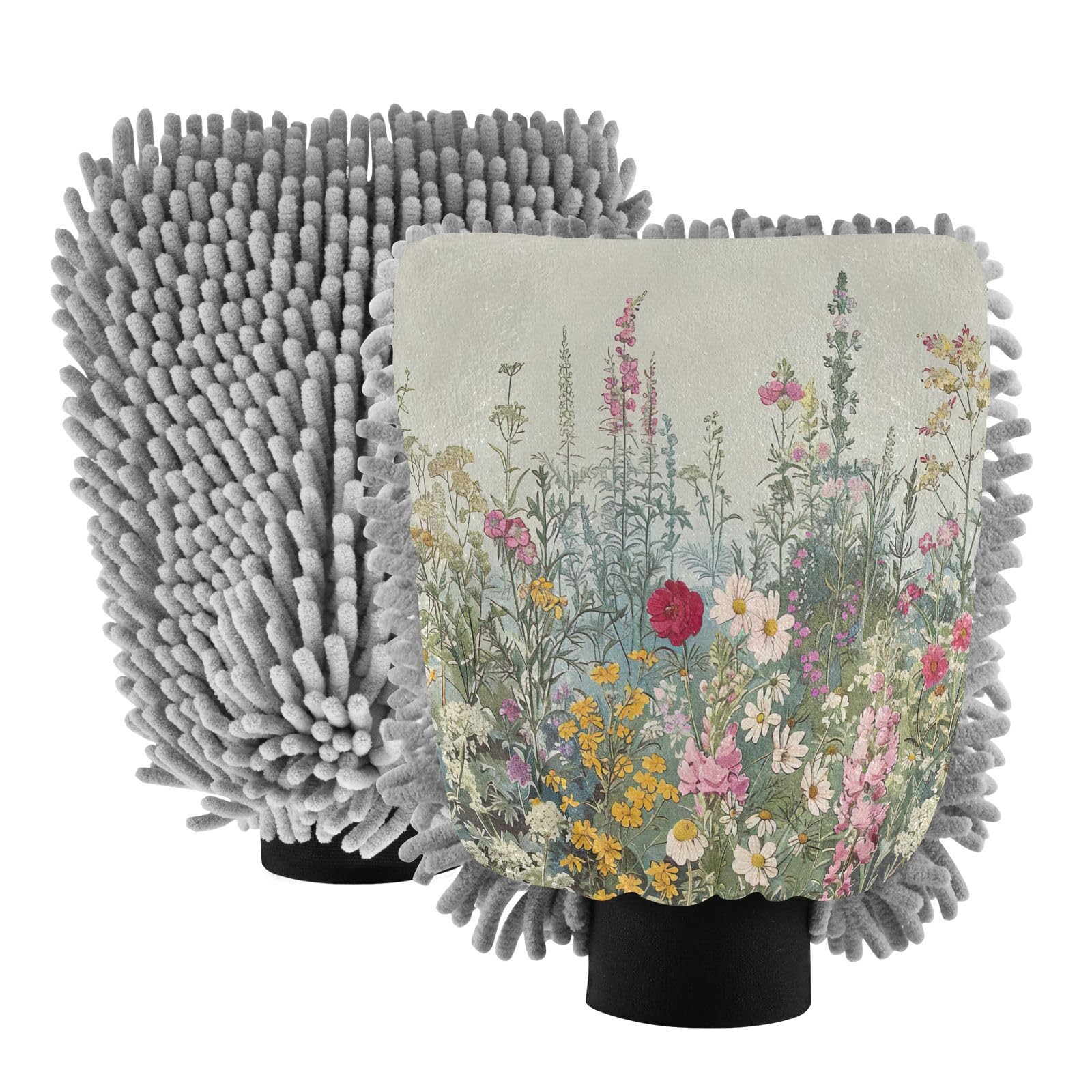 Flradish 2 Pack Wildflowers Car Wash Mitt Chenille Microfiber Lint-Free Scratch Free Ultra-Soft Absorbent Car Wash Mitt 10.2x7.09 Inch