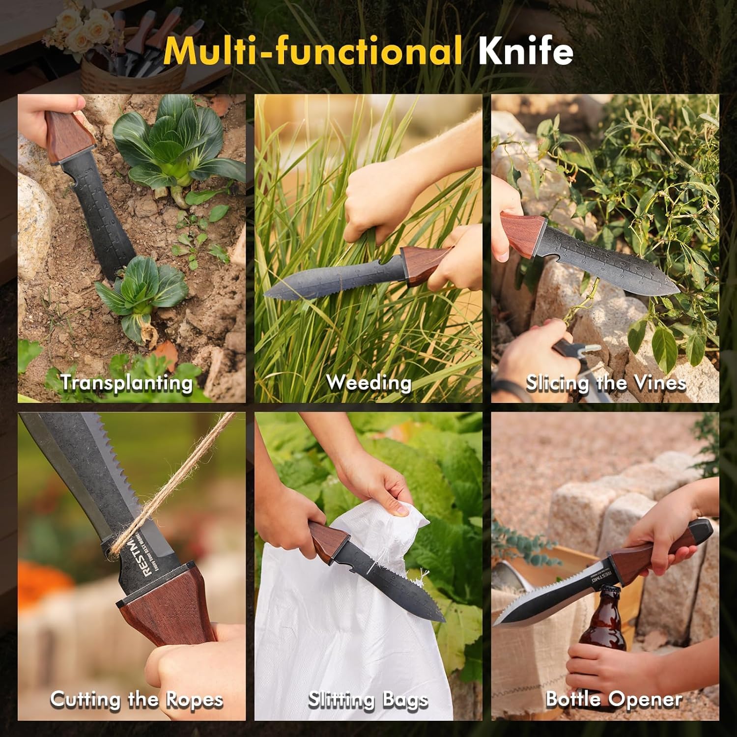 Restmo Hori Hori Garden Knife with Sheath, Durable Weeding and Planting Tool, High-Strength Stainless Steel Dual-Edge Blade, Ergonomic Walnut Handle for Gardening and Outdoor Use