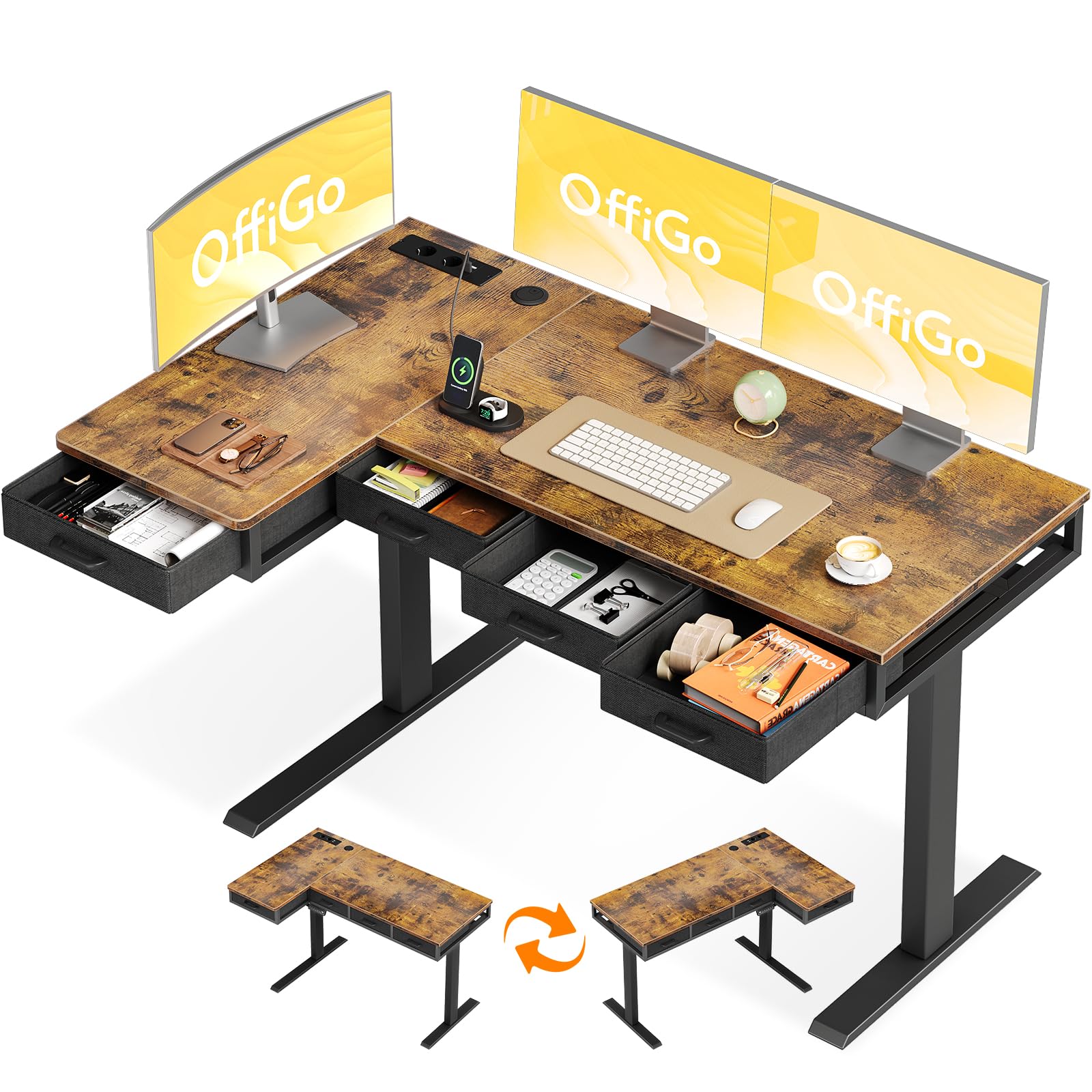 OffiGo Scrivania Angolo Regolabile in Altezza con Cassetti, 140cm, Marrone | Scrivania Angolare Regolabile con Presa per di ricarica USB, Standing Desk a L per Ufficio e Studio, porta Canalina Nascosta