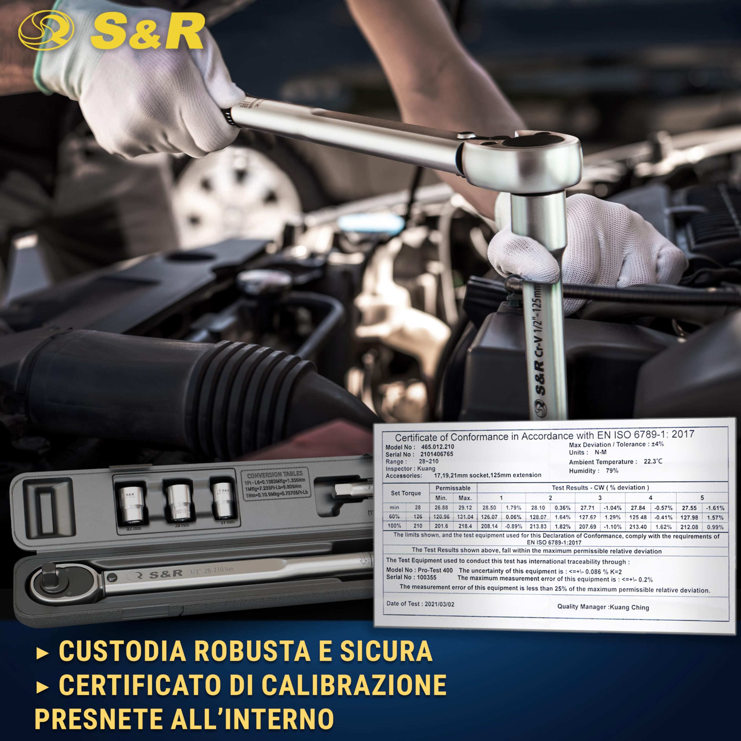 S&R Chiave Dinamometrica Auto 1/2. Set Chiave Dinamometrica Moto Professionale 28-210 Nm con Prolunga e Bussole da 17, 19, 21mm. Torque Wrench 47.5 cm. Custodia Pratica e Robusta.