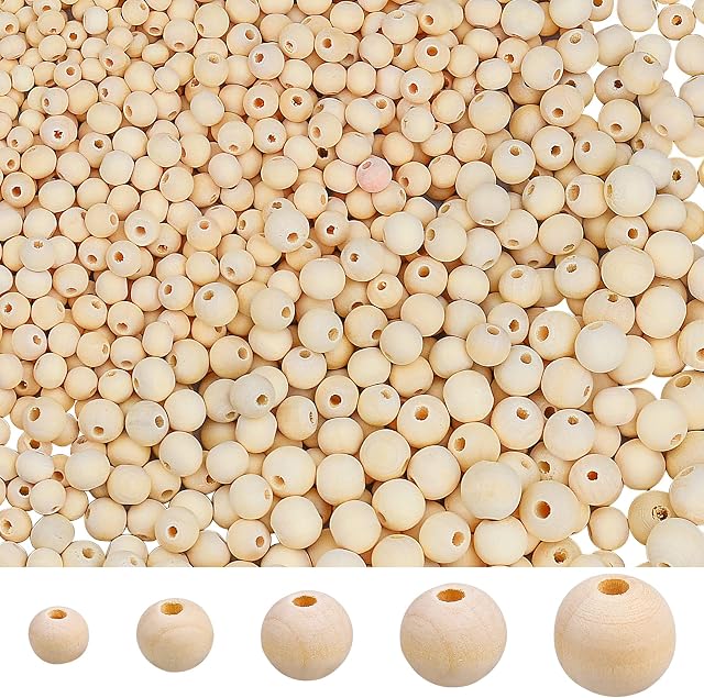 750 Pieces Wooden Beads for Crafting, Natural Round Wooden Beads 5 Size 6mm to 14mm for for Crafts Decoration DIY Jewelry Making