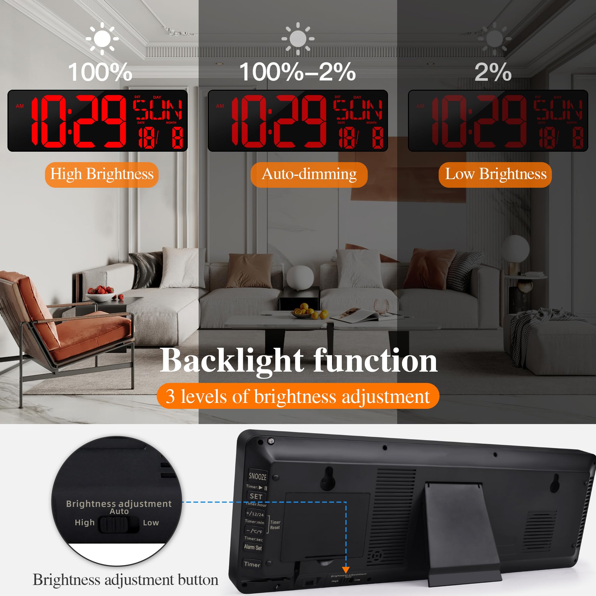 Grande orologio da parete digitale con telecomando, display LED grande da 43,7 cm con timer, temperatura, data, settimana, regolazione automatica ora legale, luminosità regolabile, grande sveglia da