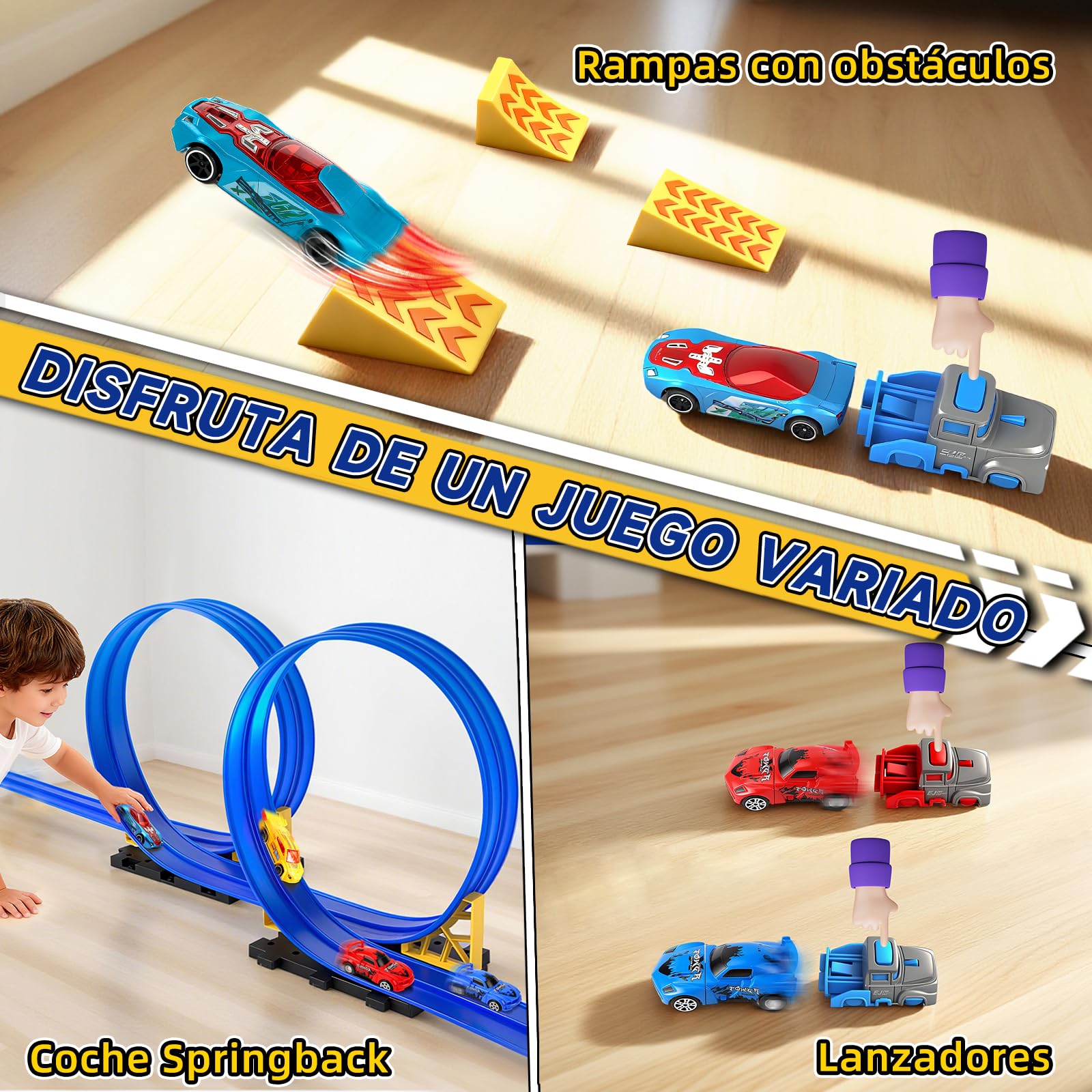 Charmofun Pista de Coches Flexible 5M, Pista de Coches para Niños con 4 Coches, Bolsa Almacenamiento, 2 Lanzadores, 8 Rampas y Ventosas, Pista De Carreras Portátil para Niños de 3+ Años (Azul)