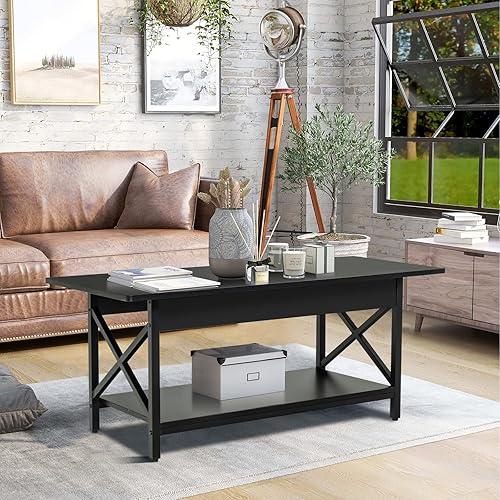 Miniatura 11 de COSTWAY Mesa auxiliar industrial, mesa de té de cóctel de madera de 2 niveles con estante de almacenamiento y marco de acero en forma de X, mesa