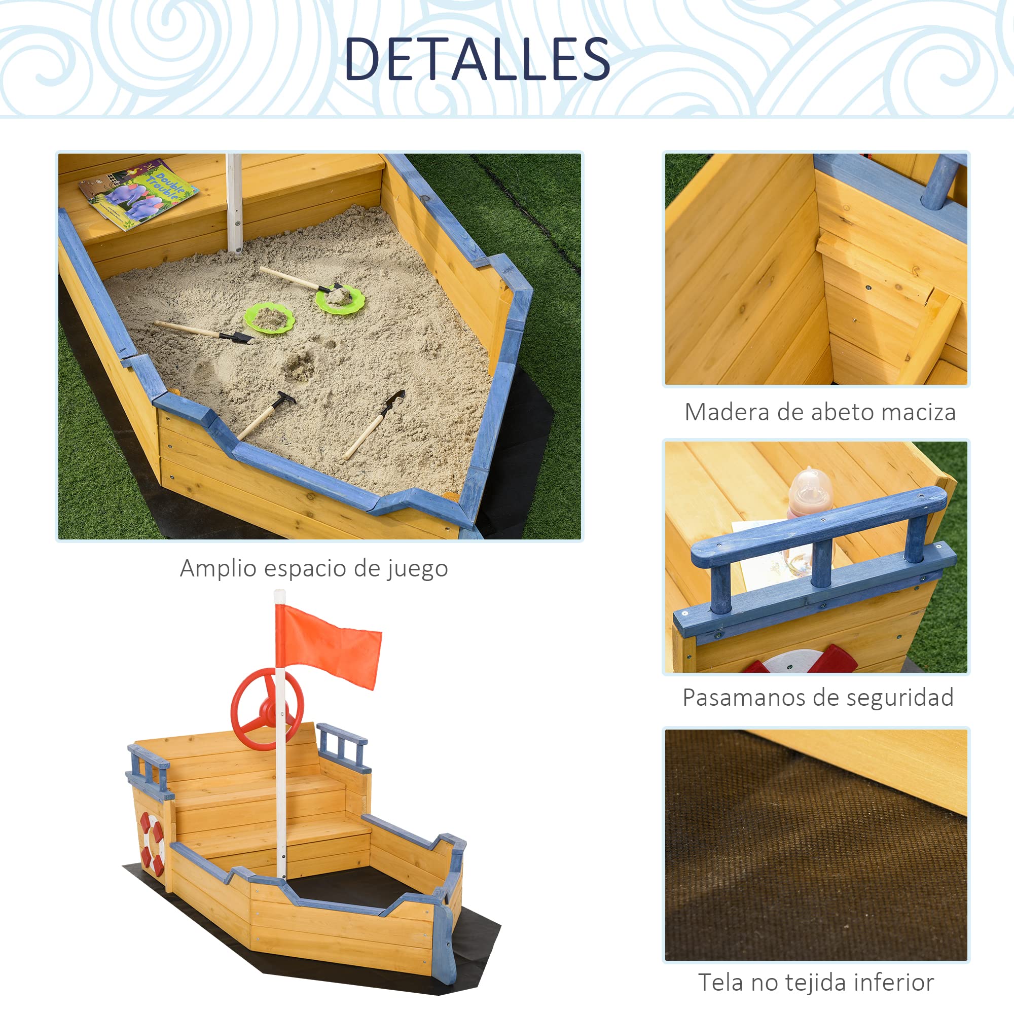 Outsunny Arenero Infantil de Madera Diseño de Galeón con 2 Escalones Banco con Almacenaje Bandera y Timón Cajón de Arena de Jardín para Niños de +3 Años 158x78x45,5 cm Natural