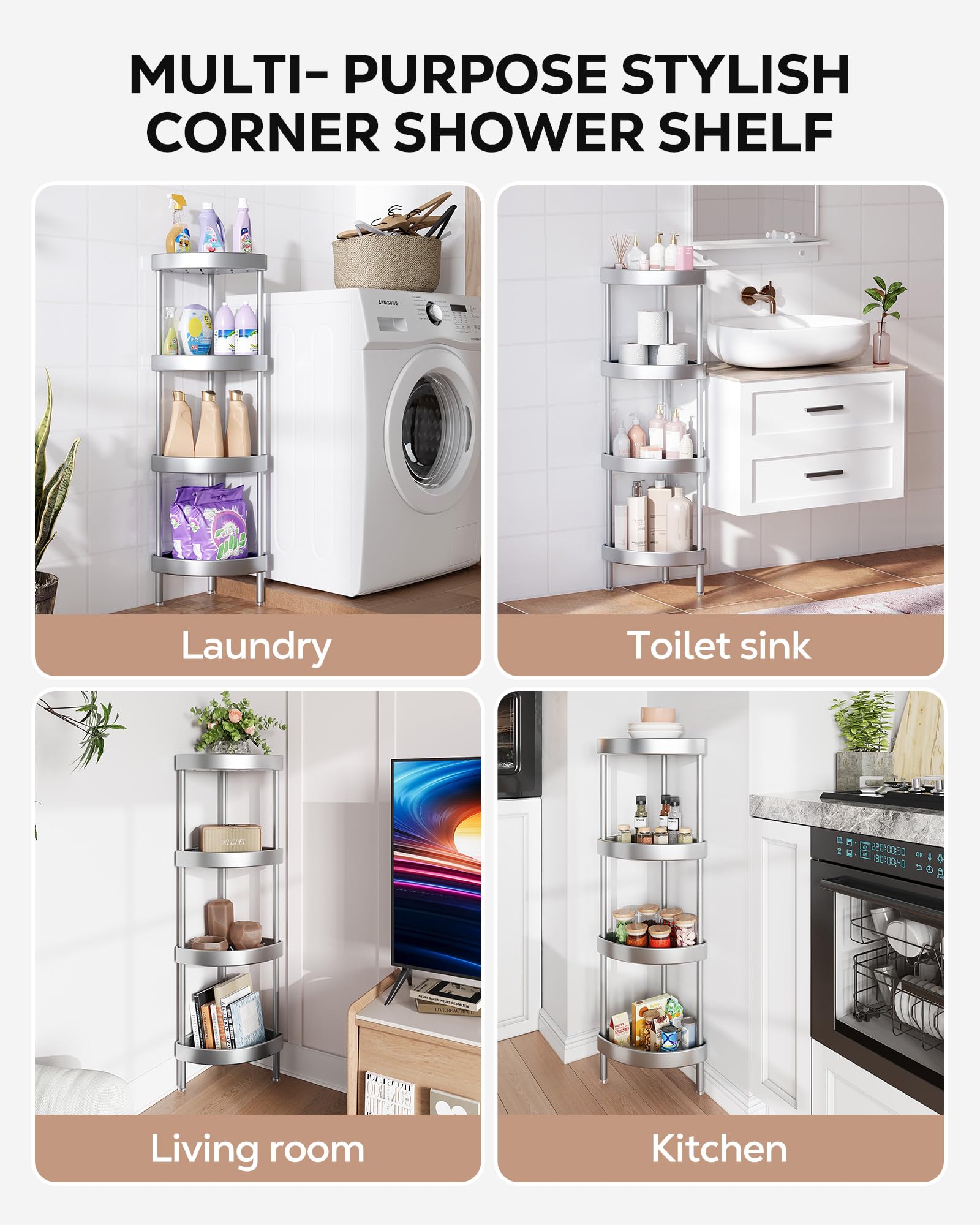 Nieifi Narożny stojak prysznicowy - 4-poziomowy nierdzewny anodowany aluminiowy stojący organizer prysznicowy, narożnik prysznicowy, podwójna stabilność, zapobiega wstrząsom, regulowana wysokość nóg