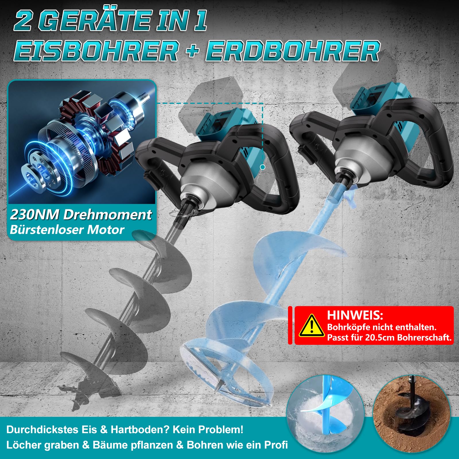 Akku Erdbohrer Eisbohrer für Makita 18V Akku, Ohne Akku, Ohne Bohrer | 1200W Bürstenloser Motor, Professional Erdlochbohrer für Gartenbau/Pfahlsetzung, Kompatibel mit Ø 4cm bis Ø 30cm Bohrer