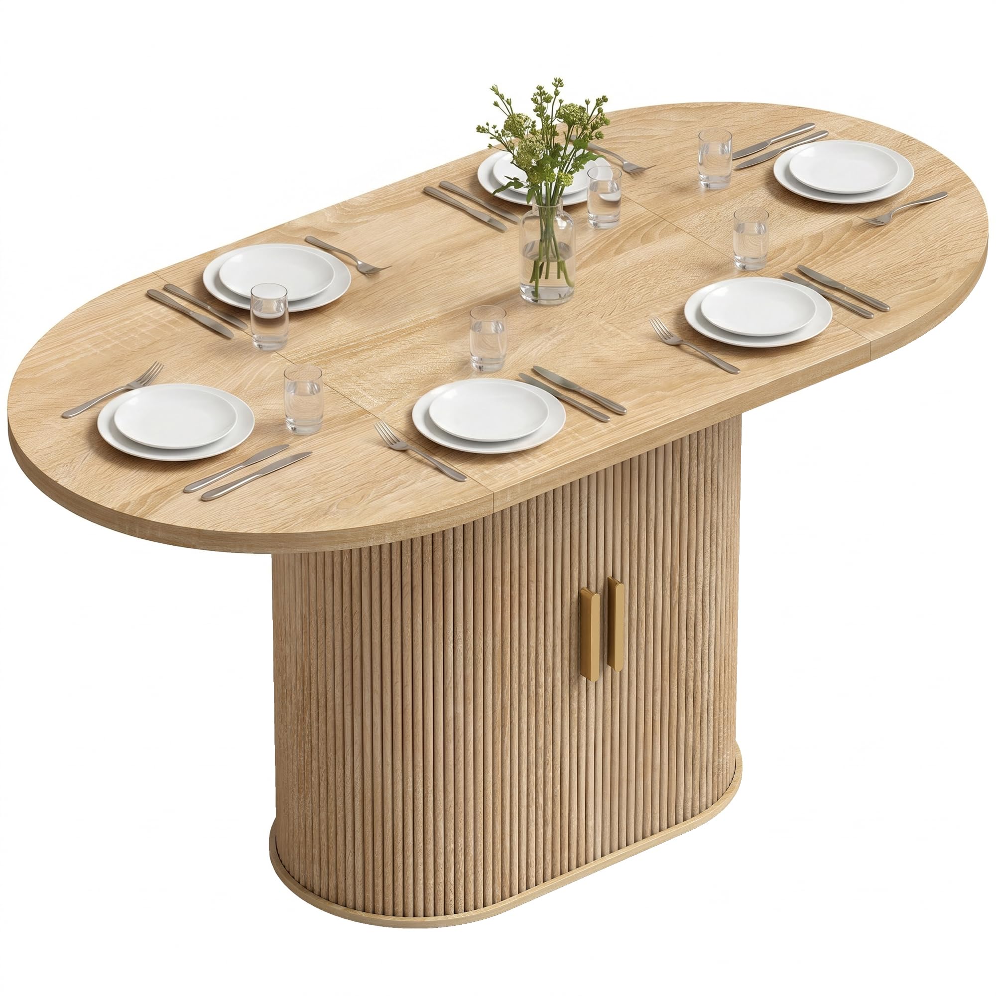 HOMCOM Mesa de Comedor Ovalada con Tablero Grueso 140x70x75 cm Roble | Mesa de Cocina para 6 Personas, Puertas Correderas Tipo Persiana, 6 Compartimentos, Estilo Farmhouse, para Sala de Estar
