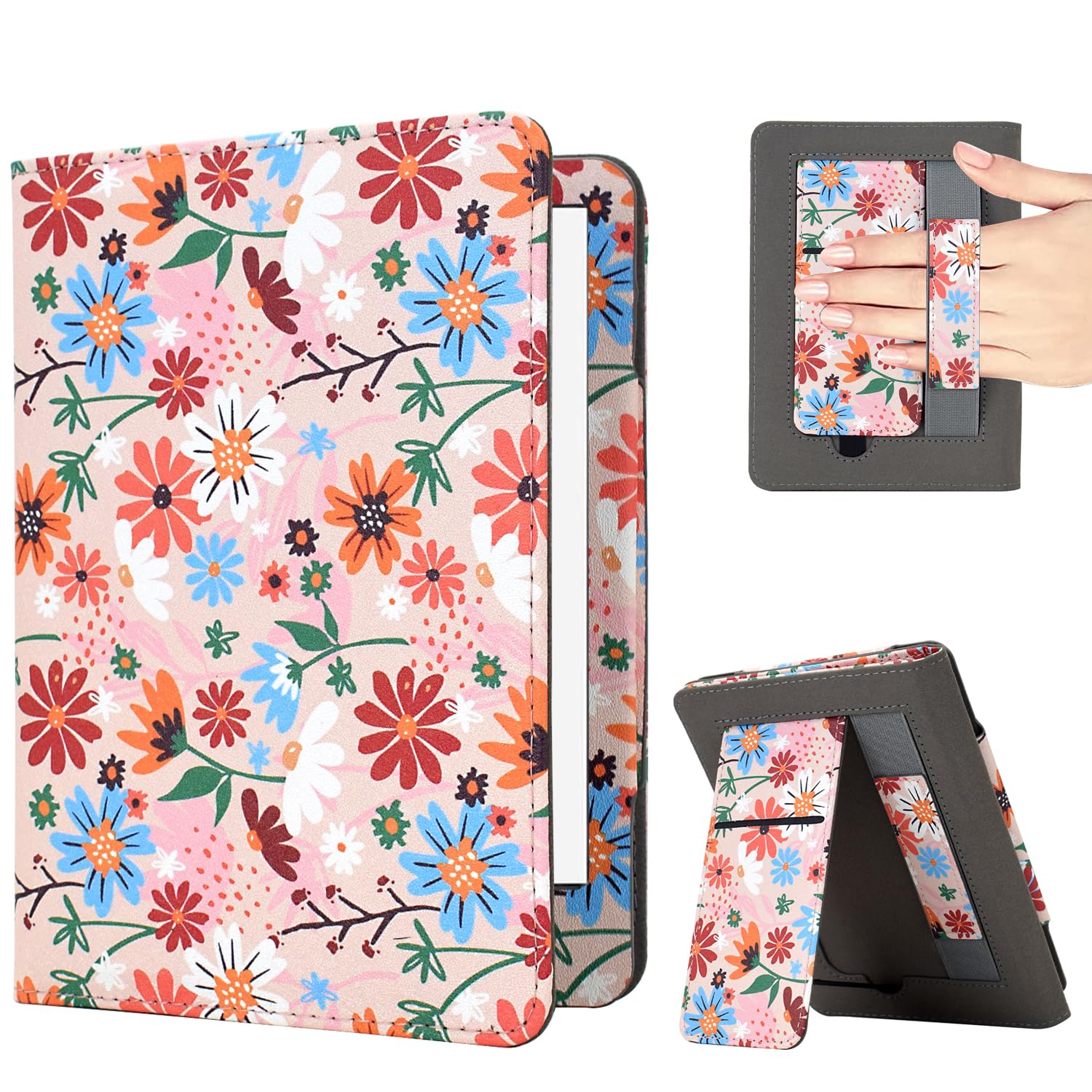 KEROM 6.8" Kindle Paperwhite Case 11th Generation 2021 Release and Signature Edition, Premium PU Leather Stand Cover Case with Hand Strap, Card Slot, and Auto Sleep/Wake - Tangerine Jasmine