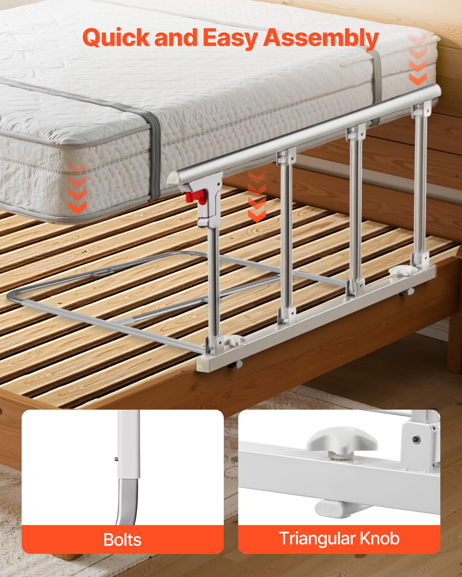 VEVOR Sponda Letto Pieghevole per Anziani, Sponda di Supporto per il Letto da 97 cm in Metallo con Cinghia di Fissaggio, Bastone da Comodino con Tubo Regolabile in Altezza, King, Queen