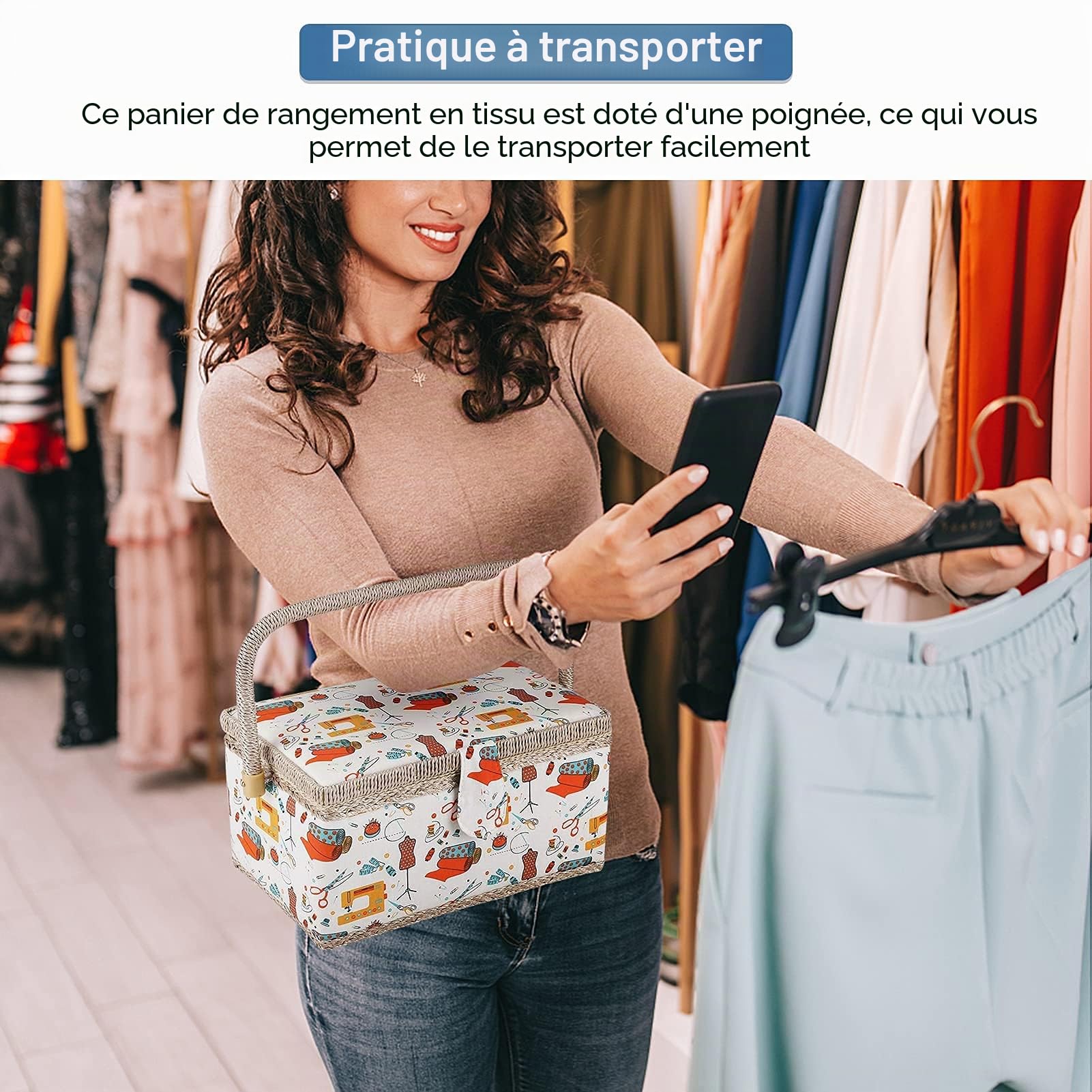 Cocoarm Panier à couture décoratif avec housse en tissu, plateau de rangement en plastique amovible, grand panier de rangement pour accessoires de couture, voyage et usage domestique