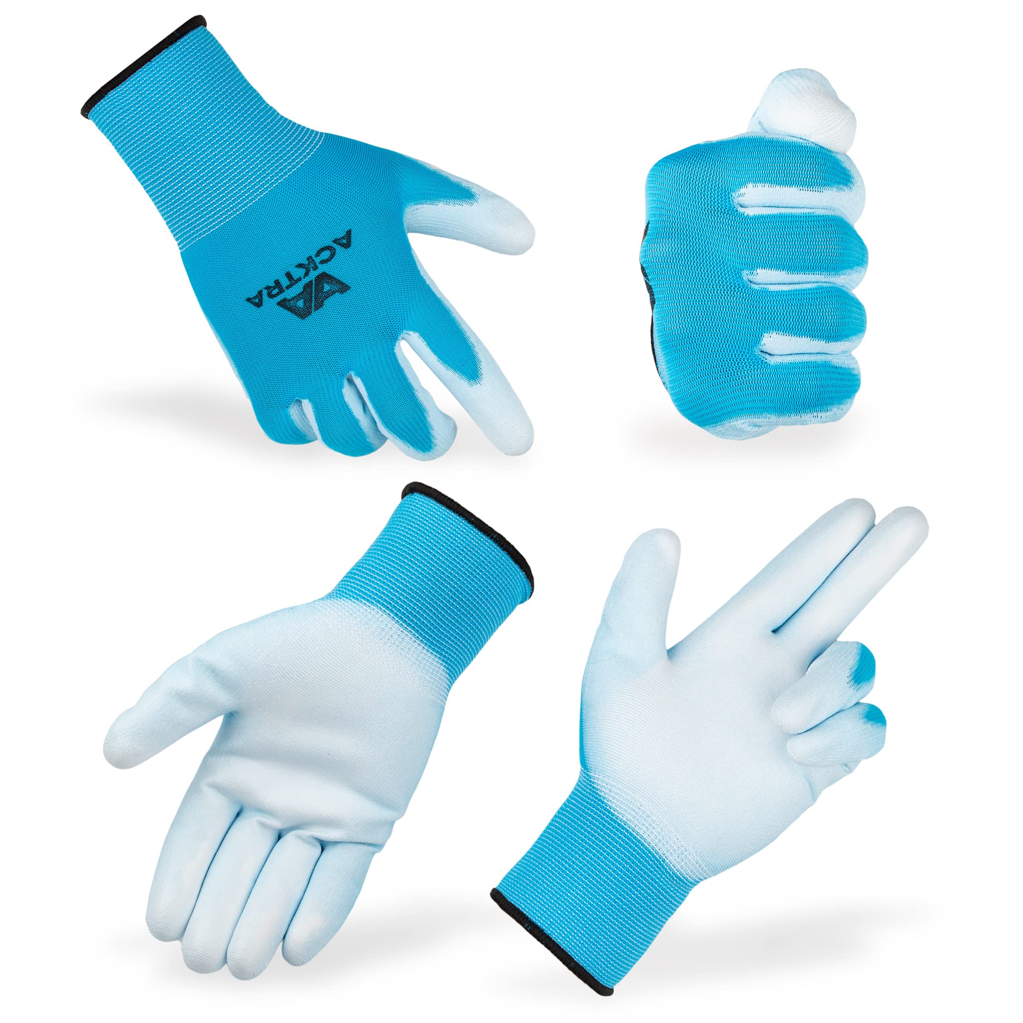 ACKTRA Guantes de trabajo de seguridad de nailon ultrafino (PU), 12 pares, puños de punto, para trabajo de precisión, para hombres y mujeres, WG002 azul poliéster, poliuretano blanco, grande