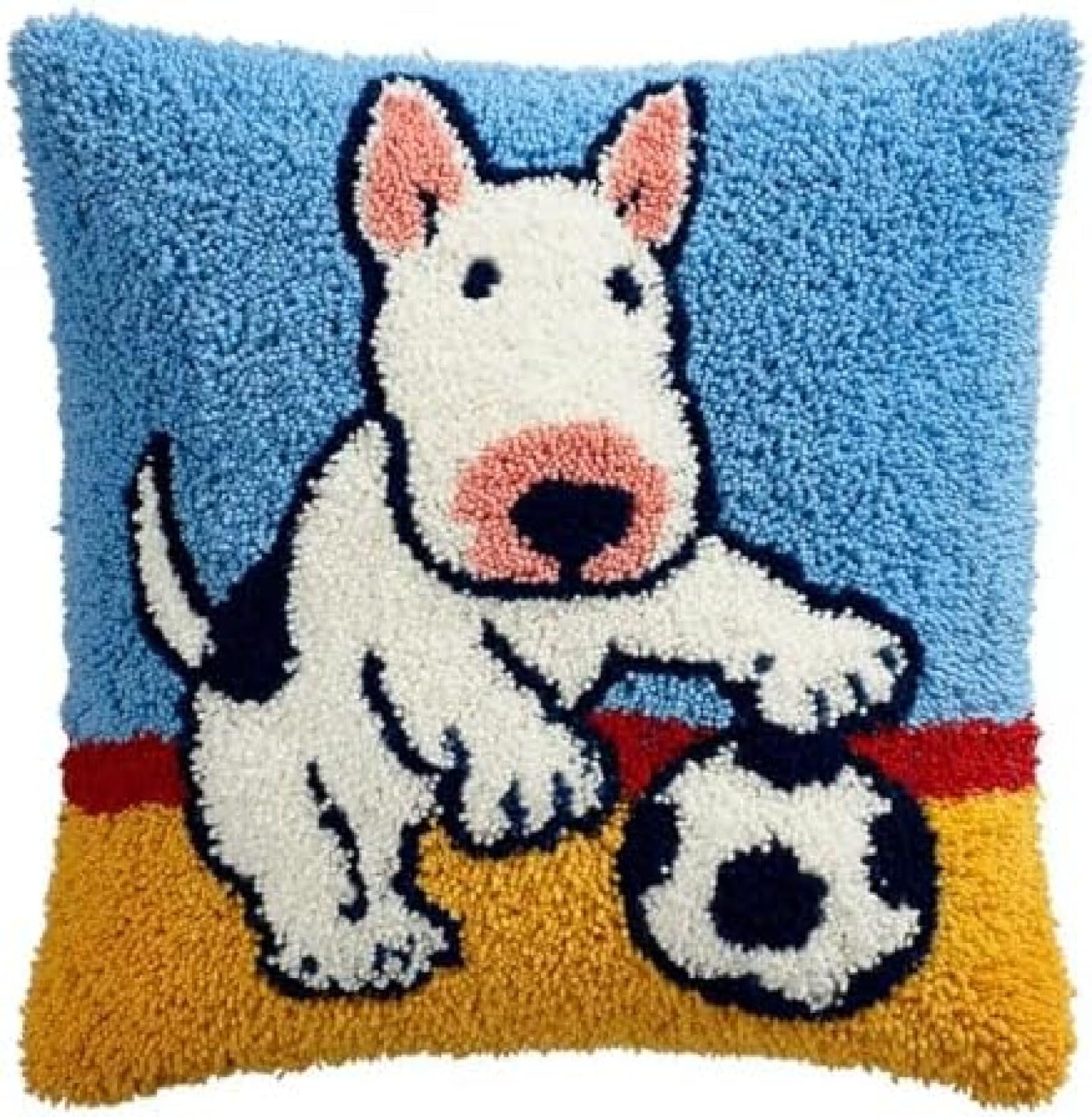 kitphoenix Adults Latch Hook Kit Cushion Cover,Bull Terrier Dog Play Soccer Ball,Beginner DIY Embroidery Crochet Craft Kit with Pre-Printed Canvas,Yarn & Hook,43x43 cm Decorative Pillow Cover Set