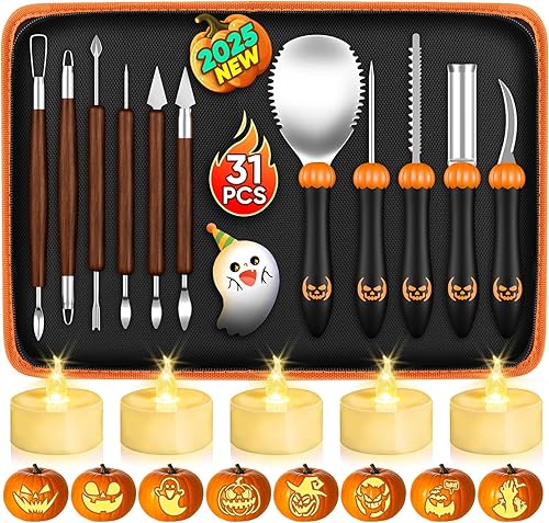 Kit de tallado de calabaza de 31 piezas: herramientas de tallado de calabaza, kit de tallado de calabaza de Halloween con plantillas, velas, estuche