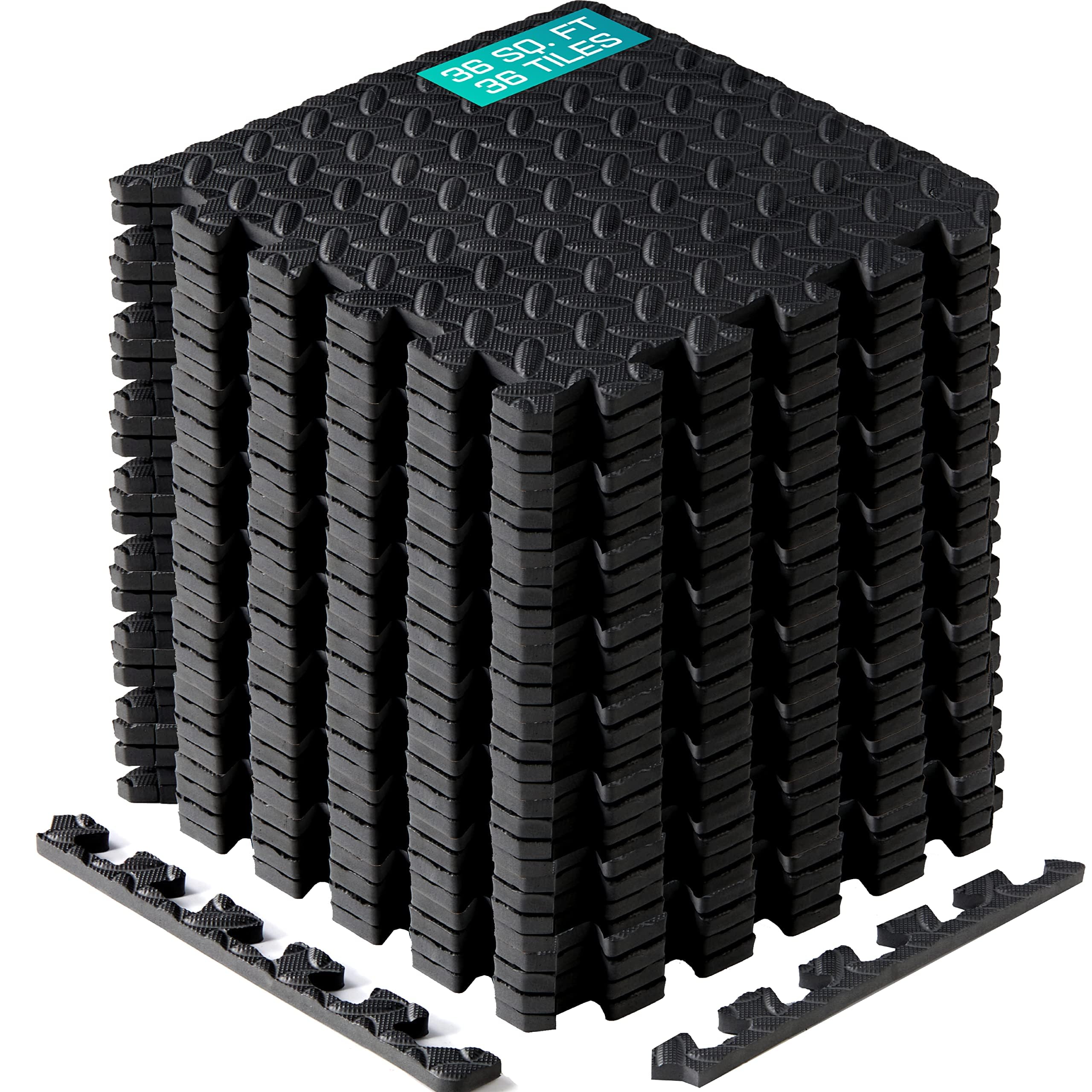 Yes4All Interlocking Exercise Foam Mats with Border – Interlocking Floor Mats for Gym Equipment – Eva Interlocking Floor Tiles - 36 Square Feet (36 Tiles) - Black