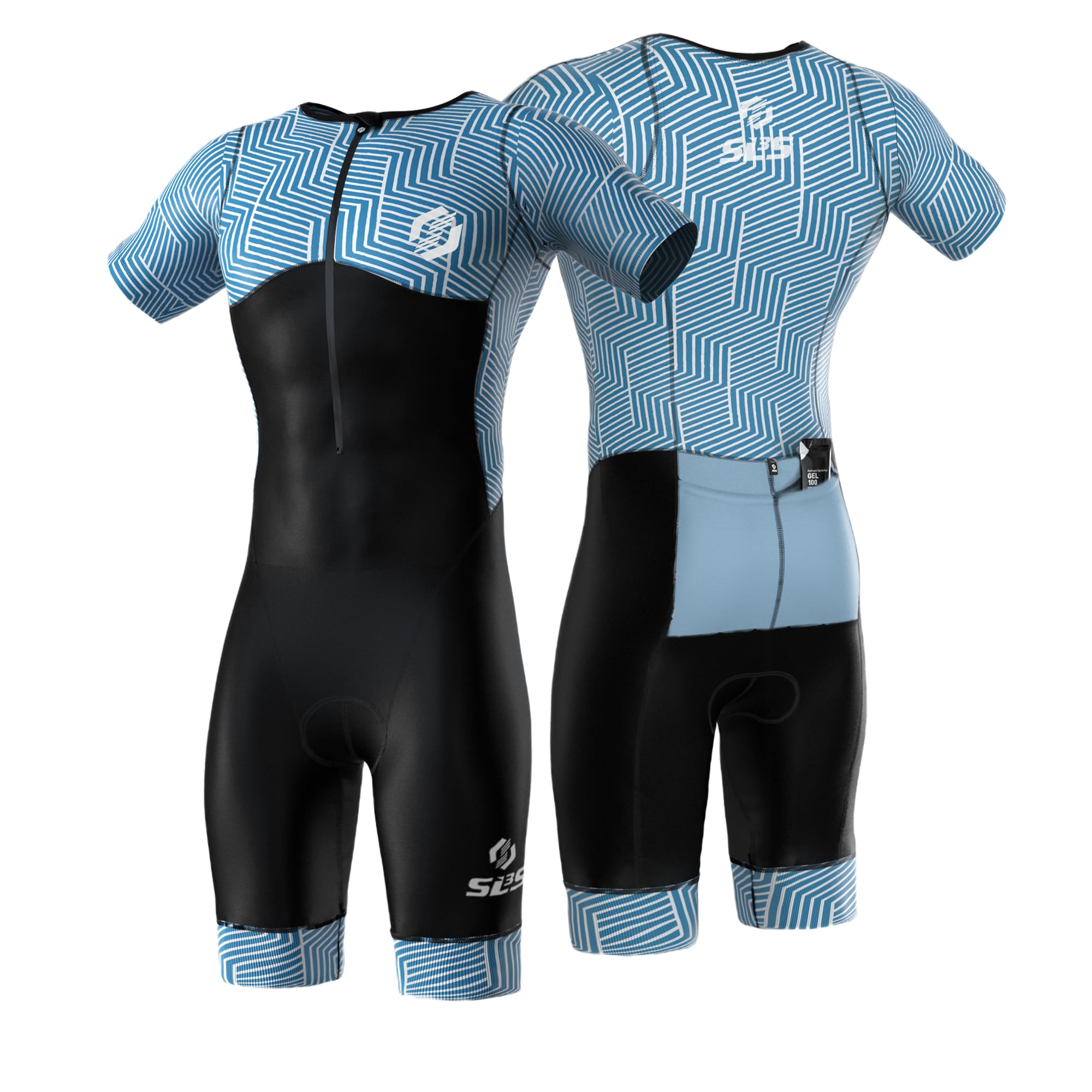 SLS3 Mens Triathlon Suit - Tri Suit Mens Short Sleeve - Breathable, Quick Drying Trisuit with 2 Pockets, Custom Padding for Cycling, Swimming & Running, Aero Design (Ocean Blue Blur, M)