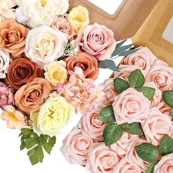 AmyHomie Champagne Artificial Flowers Combo and Blush Rose 50pcs Real Looking Fake Roses w/Stem for DIY Wedding Bouquets Centerpieces Arrangements Party Baby Shower Home Decorations