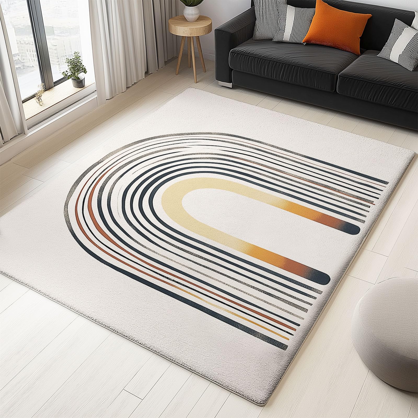 Tapis Beige Bohème Minimaliste Lavable Poils Courts