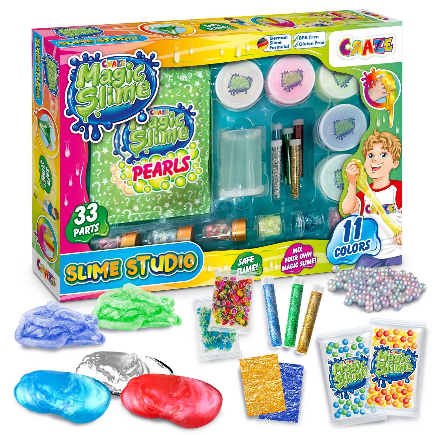 CRAZE Magic Slime Studio Schleim 32862 zestaw "zrób to sam" Slime Kit 11 kolorów z akcesoriami Fluffy Slime z perłami brokatowymi i efektami specjalnymi, 32862, kolorowy, 36,5 x 5,8 x 25,5 cm