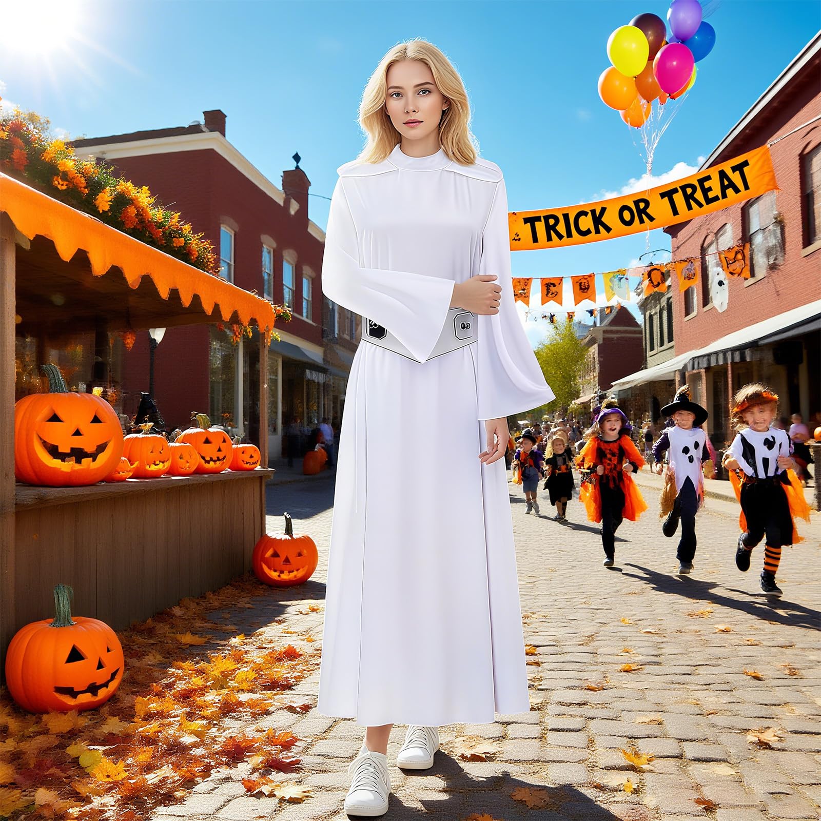 nezafly Princess Costume Women White Dress Hooded Robe with Belt Halloween Carnival Outfits Set for Adults - Image 4