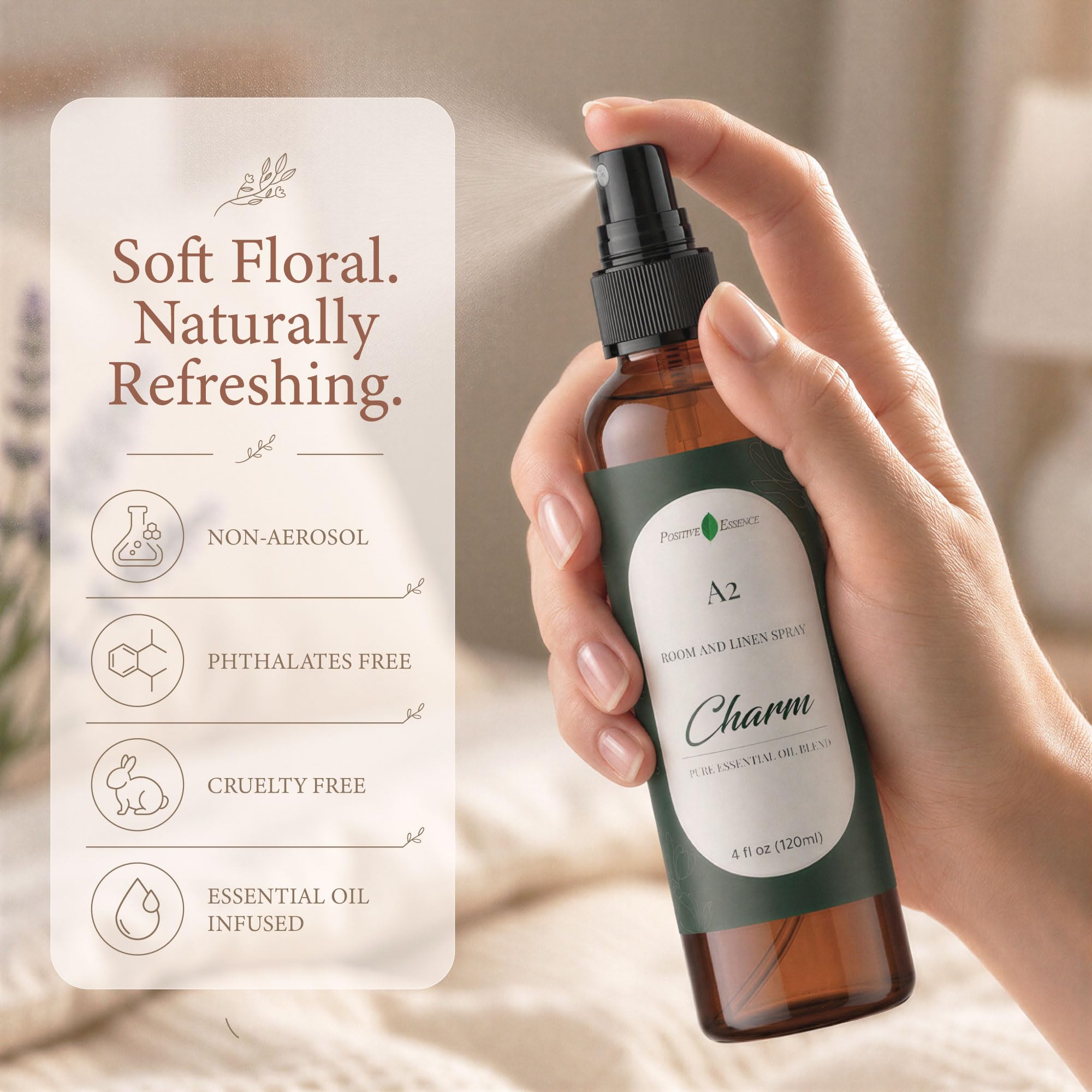 A2 Charm Room & Linen Spray with Essential Oils, Vegan, 4 fl oz view 2