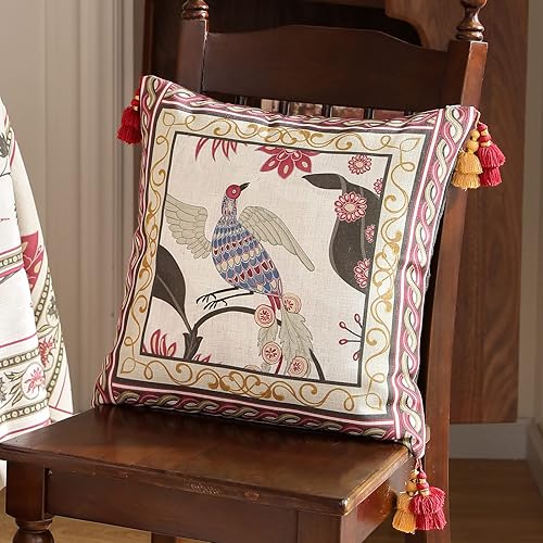 Miniatura 7 de patdrea Funda de almohada de diseño de 18 x 18 pulgadas, funda de almohada de lino con diseño de pájaros y flores vintage con dijes colgantes rojos